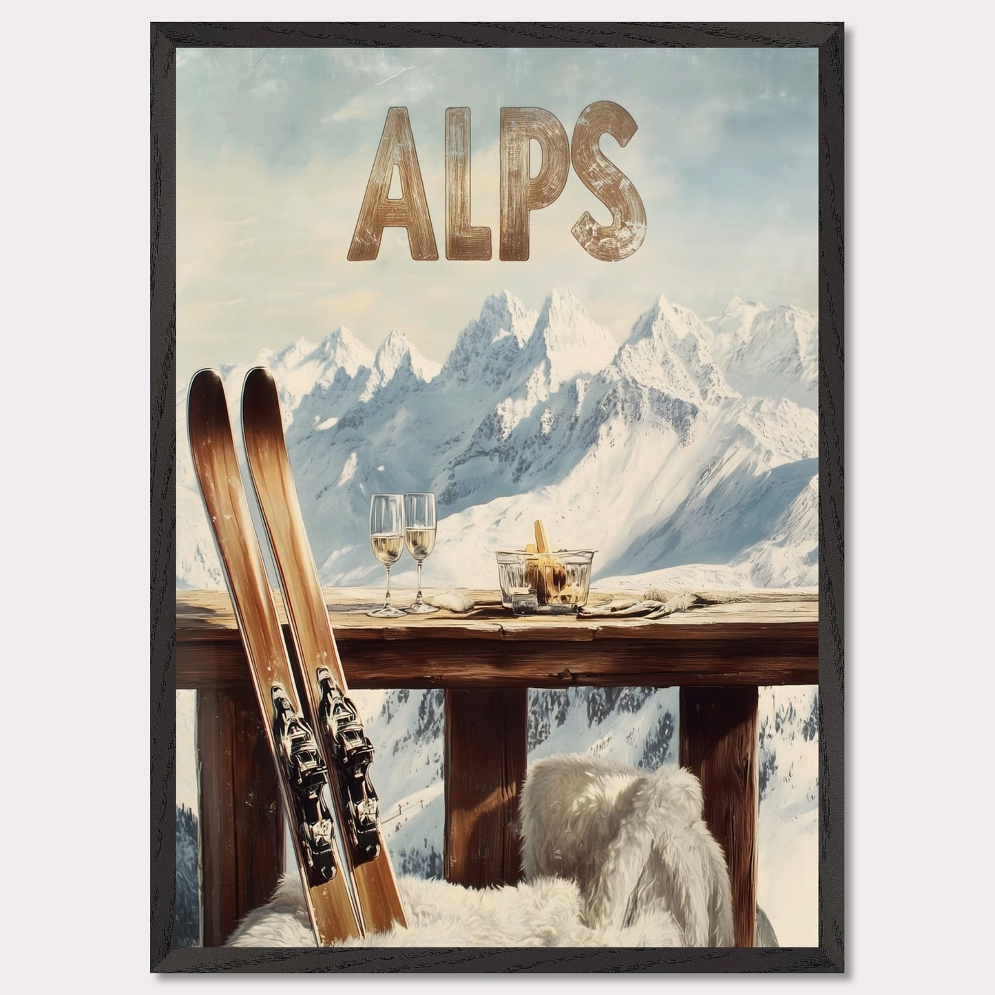 This vibrant poster captures the charm of après-ski culture with a rustic wooden terrace overlooking snow-covered mountains. The warm textures of fur throws and the elegant wine glasses create an inviting post-ski ambiance.