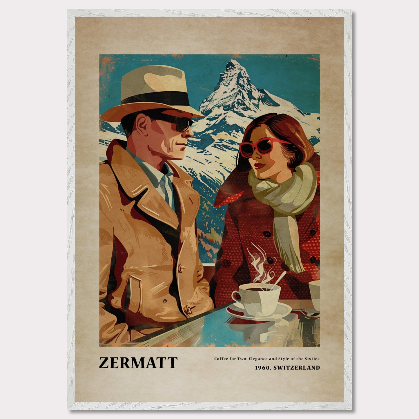 This vintage-style poster depicts a stylish couple enjoying coffee with a snowy mountain backdrop in Zermatt, Switzerland.