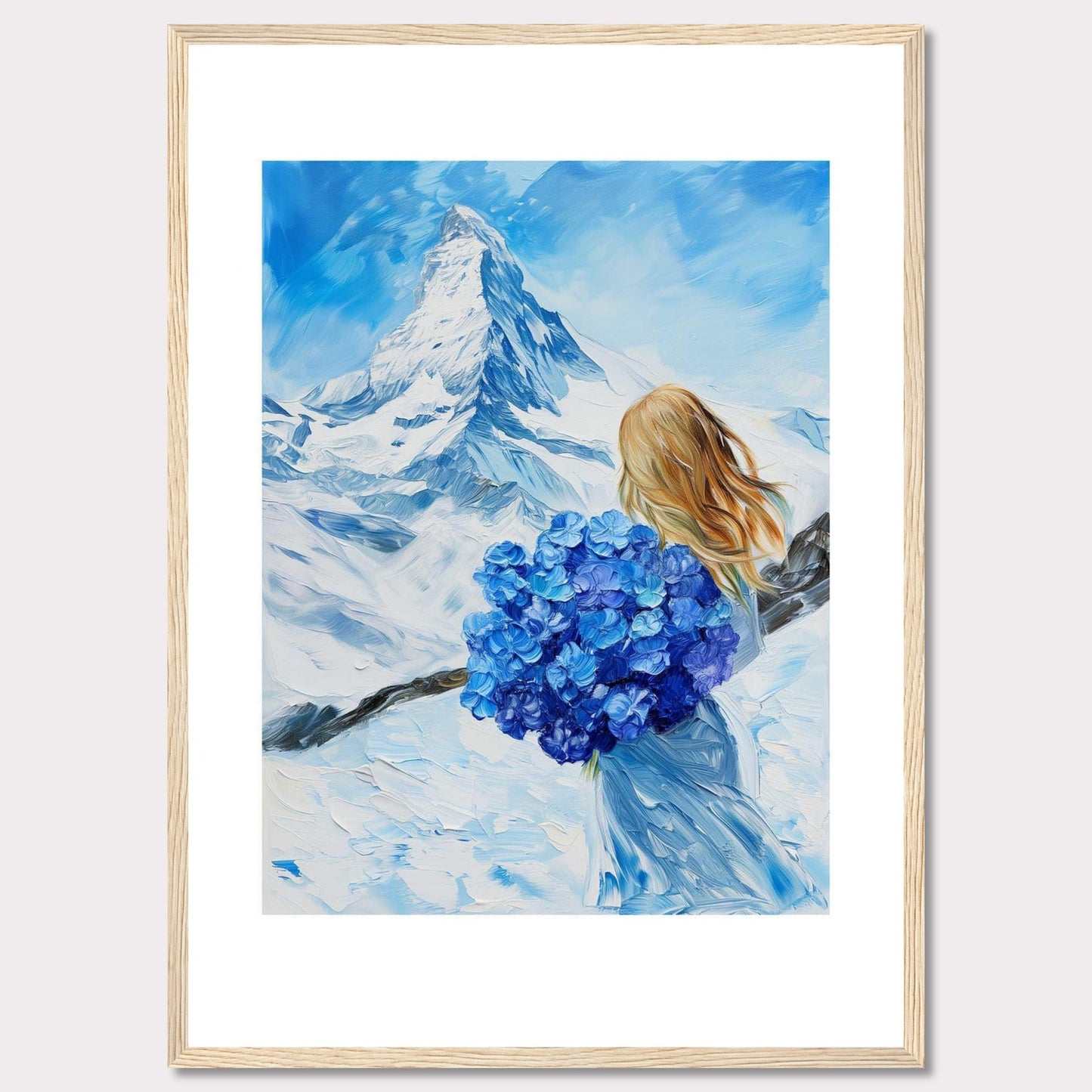 This captivating painting depicts a serene winter landscape with a majestic snow-covered mountain in the background. A woman with flowing blonde hair stands in the foreground, holding a vibrant bouquet of blue flowers. The sky is a brilliant shade of blue, complementing the snowy scenery.AA