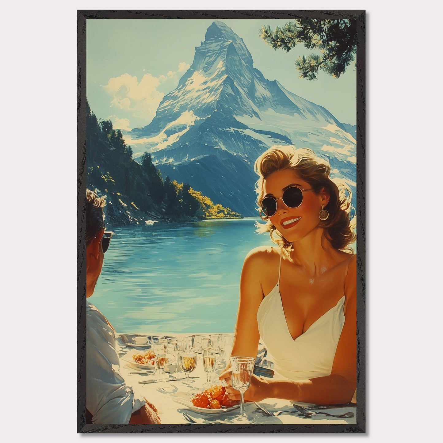 This illustration depicts a scenic outdoor dining setting by a lake with snowy mountains in the background. A woman in sunglasses and a white dress is smiling while holding a glass, and a man is sitting across from her.