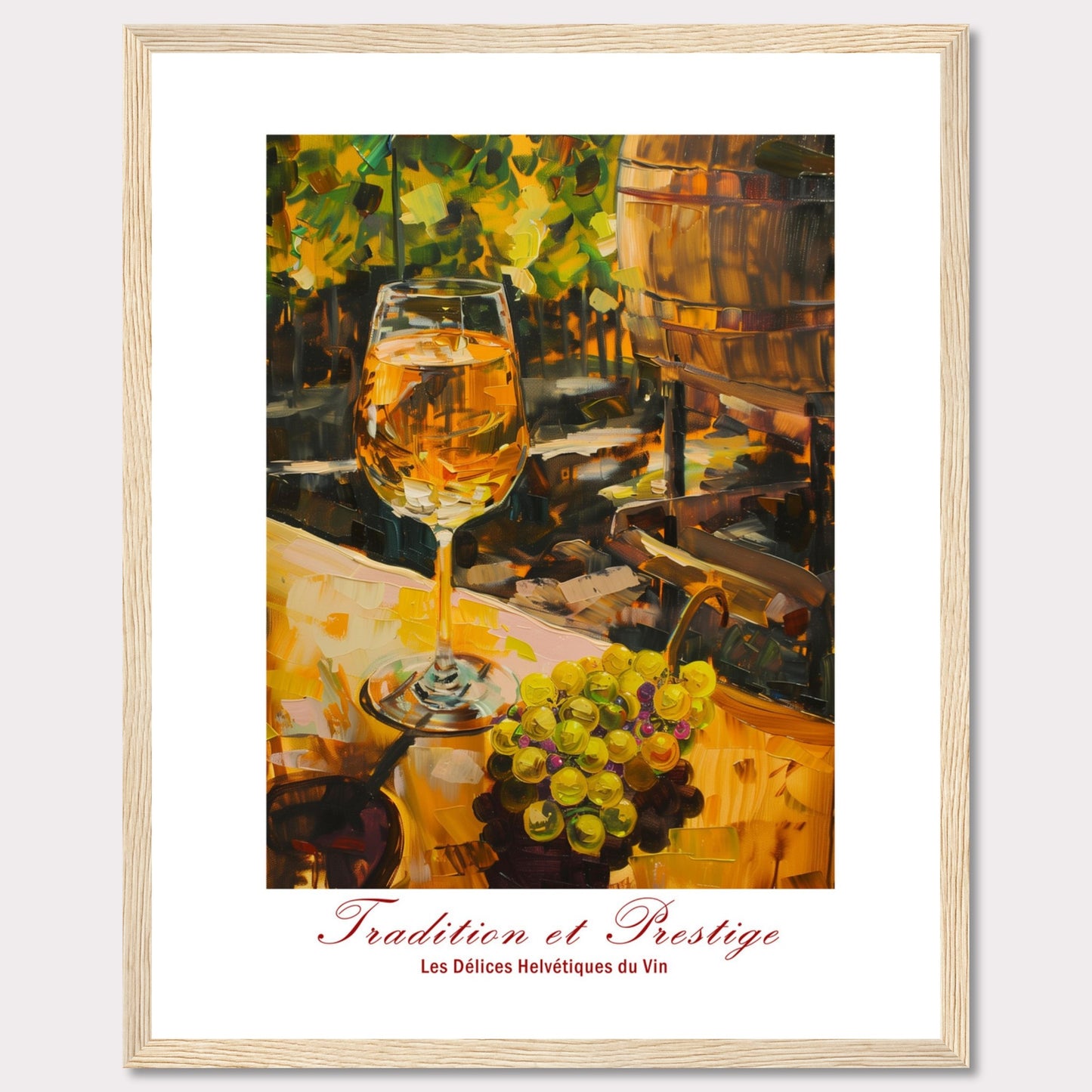 This image showcases a beautifully painted scene of a wine glass filled with white wine, set against a backdrop of a vineyard. The painting captures the essence of tradition and prestige in winemaking.