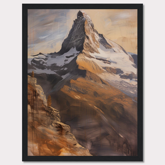 This stunning artwork captures the majestic beauty of a towering mountain peak bathed in warm, golden light. The painting showcases the rugged textures and dramatic contrasts of the rocky terrain, with snow-capped sections adding to its grandeur.