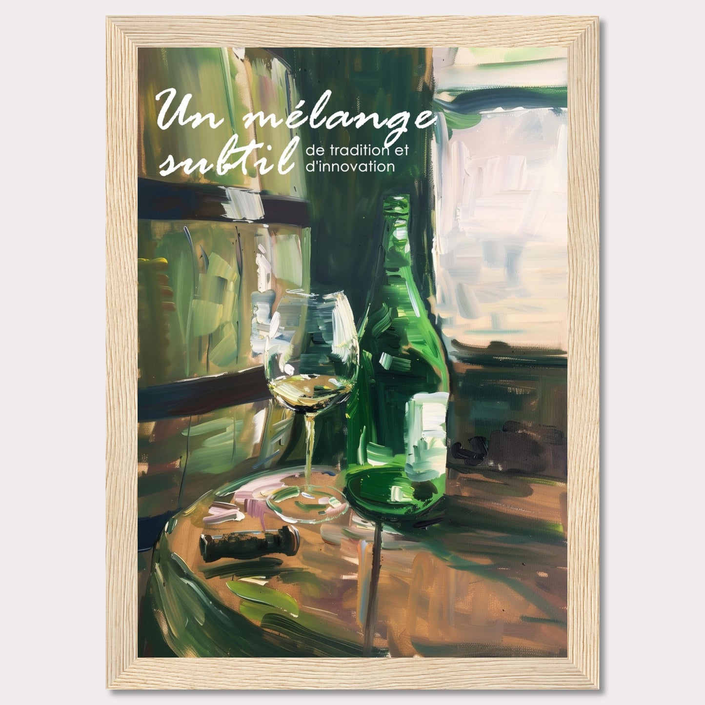 This image showcases a beautifully painted scene of a wine bottle and glass on a wooden table, evoking a sense of sophistication and elegance. The text on the image reads "Un mélange subtil de tradition et d'innovation," which translates to "A subtle blend of tradition and innovation."