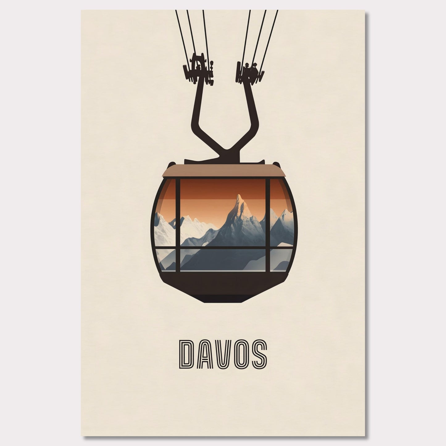 A striking minimalist poster featuring a cable car with a breathtaking view of the Swiss Alps. The warm tones contrast with the cool mountain peaks, evoking the excitement of alpine adventures.