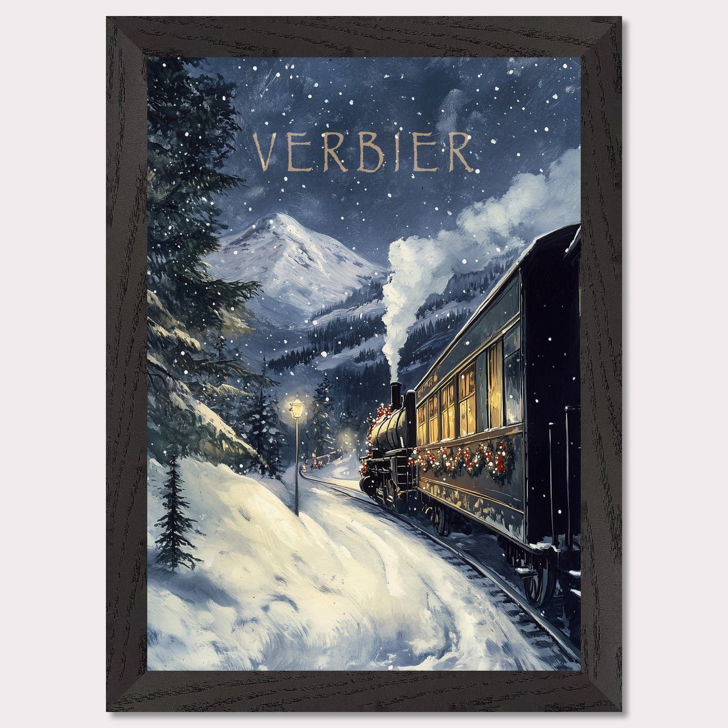 This charming, vintage-inspired poster transports you to a winter wonderland in Verbier, as a steam train adorned with festive decorations winds its way through a snowy mountain landscape. The warm glow from the train’s windows contrasts beautifully with the cool, snowy surroundings, creating a nostalgic and inviting atmosphere. The gentle snowfall and the towering mountain peaks in the background complete the serene yet adventurous feel of this picturesque winter journey.