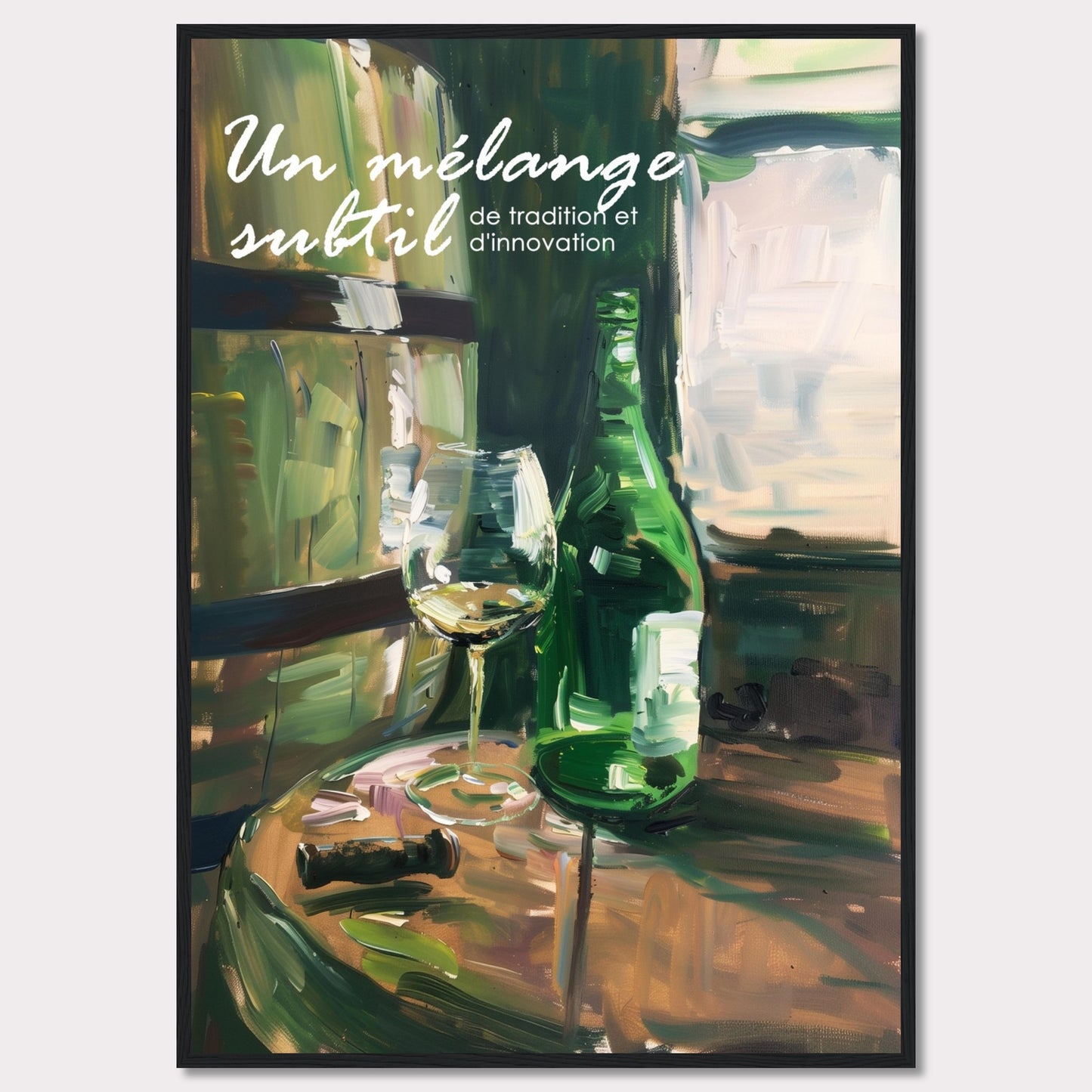 This image showcases a beautifully painted scene of a wine bottle and glass on a wooden table, evoking a sense of sophistication and elegance. The text on the image reads "Un mélange subtil de tradition et d'innovation," which translates to "A subtle blend of tradition and innovation."