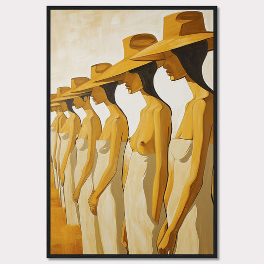 This striking artwork features a row of women standing in profile, each wearing a large hat and draped in a simple cloth. The painting captures a sense of unity and individuality through its minimalist style and warm color palette.