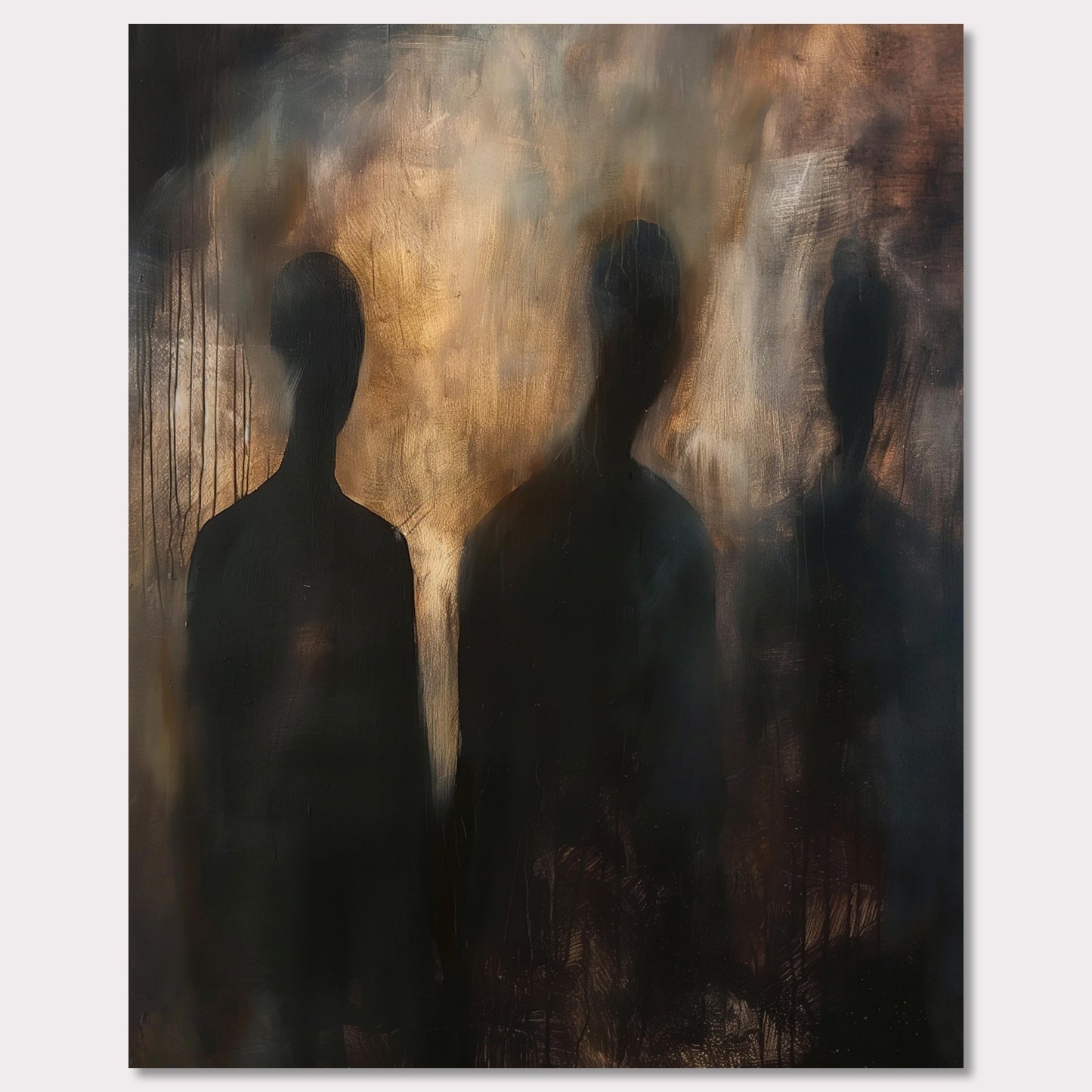 This evocative painting features three shadowy figures set against a smoky, abstract background. The use of dark and muted tones creates a mysterious and haunting atmosphere, inviting viewers to contemplate the unknown. The blending of colors and indistinct forms evoke emotions of intrigue and curiosity.