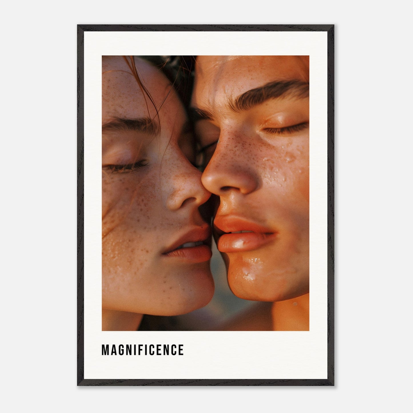 This illustration shows a close-up of two individuals with their faces intimately close, highlighting their freckles and closed eyes.

This poster will fit well in a modern living room, bedroom, or art studio, adding a touch of elegance and intimacy to the space.