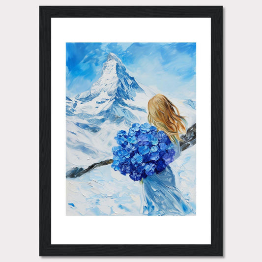 This captivating painting depicts a serene winter landscape with a majestic snow-covered mountain in the background. A woman with flowing blonde hair stands in the foreground, holding a vibrant bouquet of blue flowers. The sky is a brilliant shade of blue, complementing the snowy scenery.