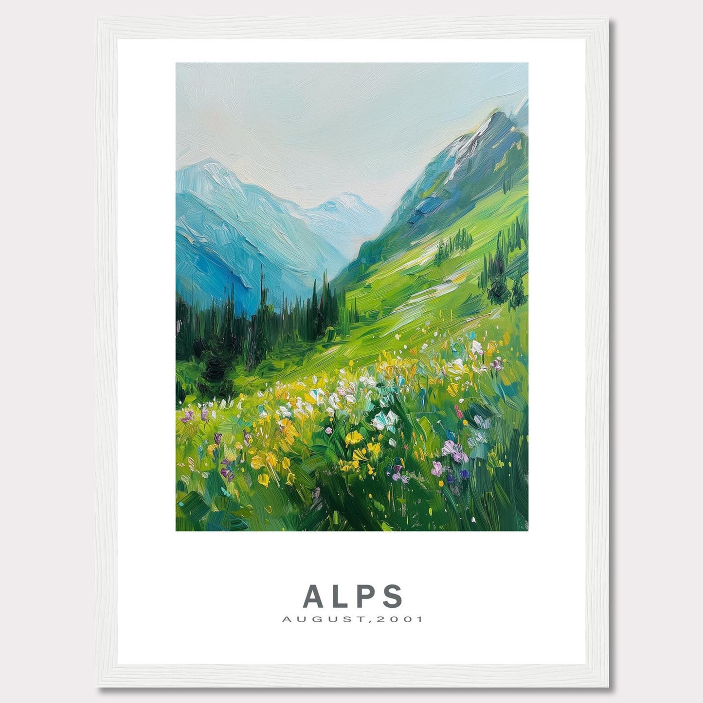 This beautiful framed artwork captures a vibrant and serene landscape of the Alps in August 2001. The painting showcases lush green mountains, colorful wildflowers, and a tranquil sky.