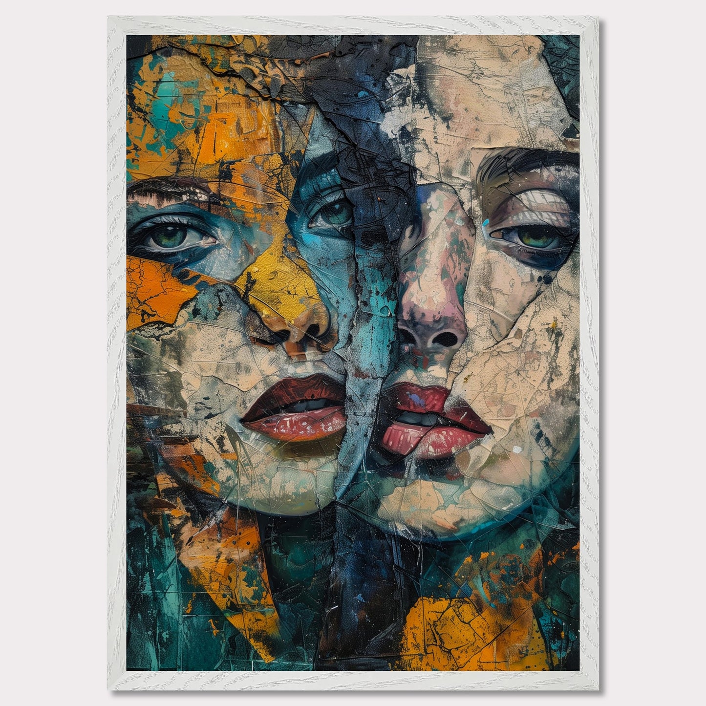 This captivating artwork features two intertwined, abstract faces with a rich blend of colors and textures. The painting exudes a sense of mystery and depth, drawing the viewer into its intricate details.