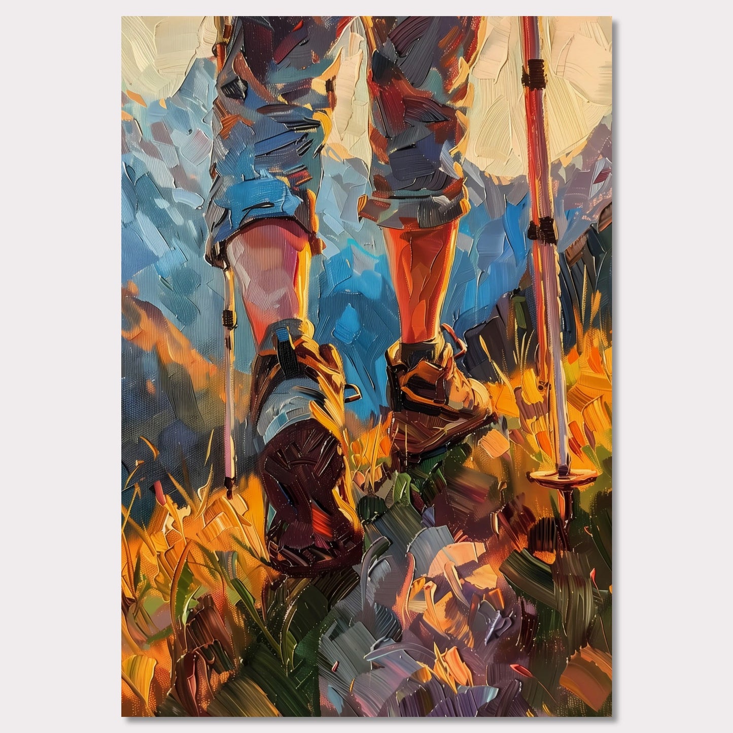 This illustration depicts a hiker's legs and feet as they traverse a vibrant, mountainous landscape. The scene is painted with bold, expressive brushstrokes, emphasizing the dynamic movement and rugged terrain.