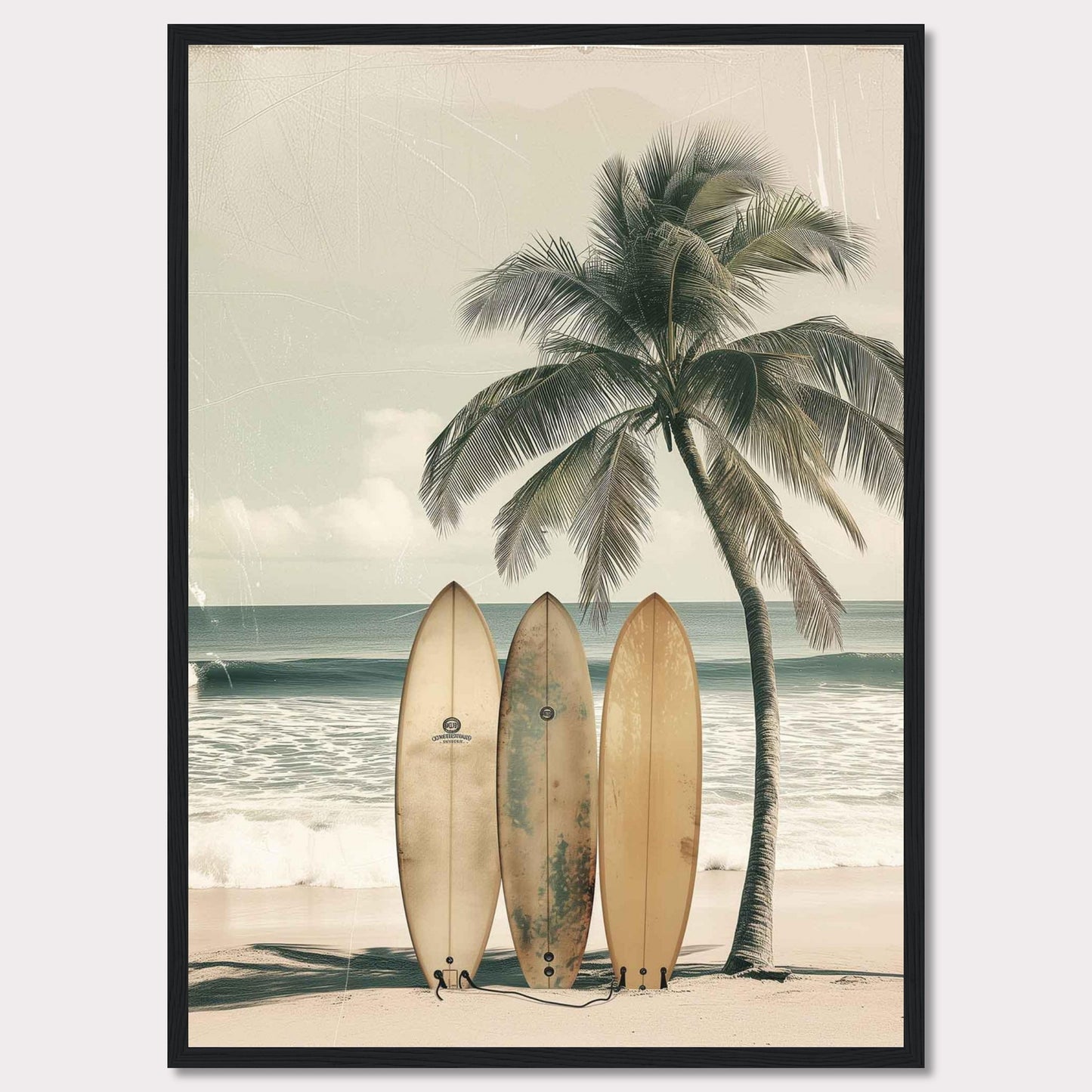 This captivating image features a serene beach scene with three surfboards leaning against a tall, swaying palm tree. The tranquil ocean waves and a clear sky in the background evoke a sense of calm and adventure.