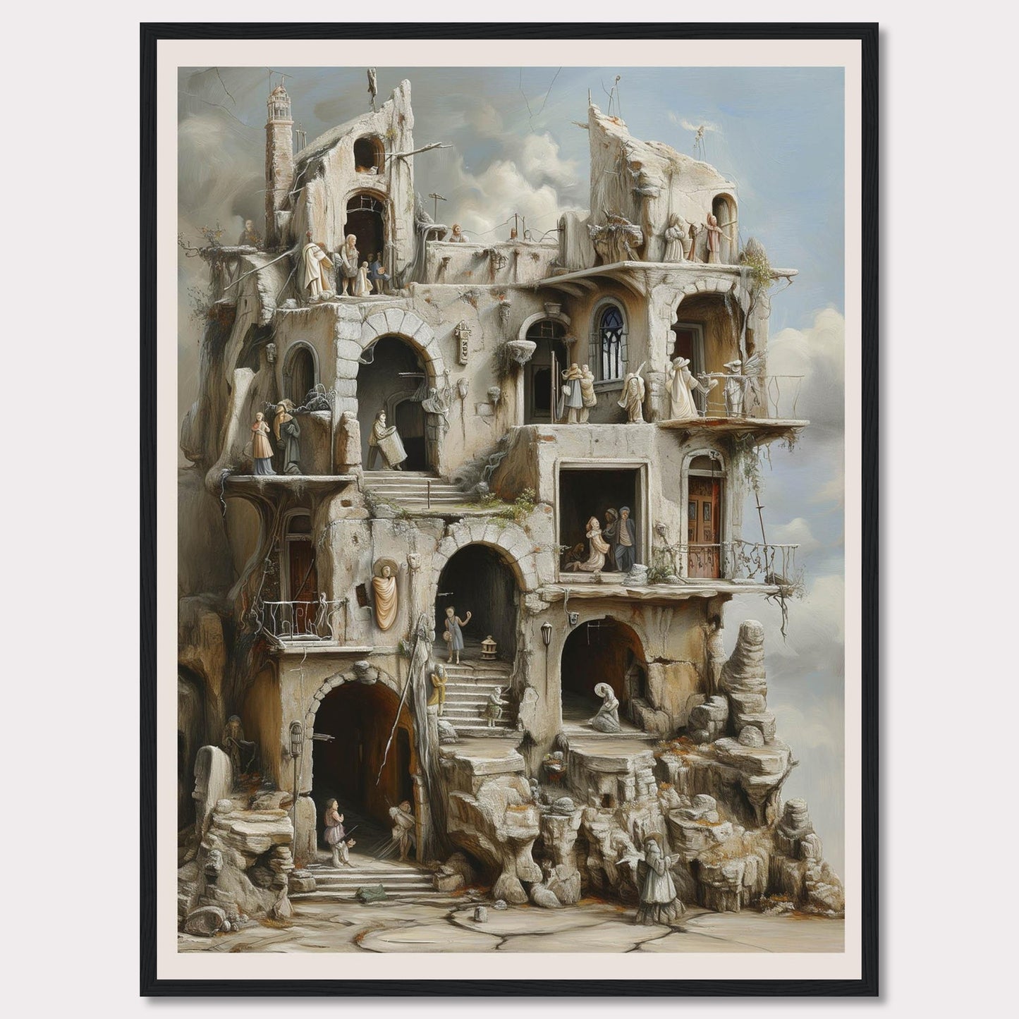 This captivating artwork portrays a surreal, multi-level structure with intricate details and numerous figures engaged in various activities. The scene exudes a sense of mystery and timelessness.