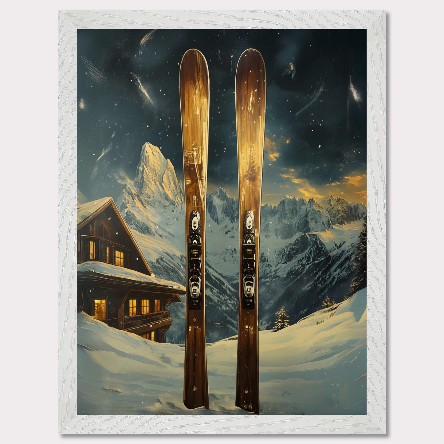 This dynamic poster showcases the exhilaration of a high-speed skiing adventure. Featuring a skier soaring off a powdery jump with a stunning panoramic view of rugged mountain ranges, it encapsulates the spirit of daring exploration and freedom. The vibrant energy of the scene is infectious.