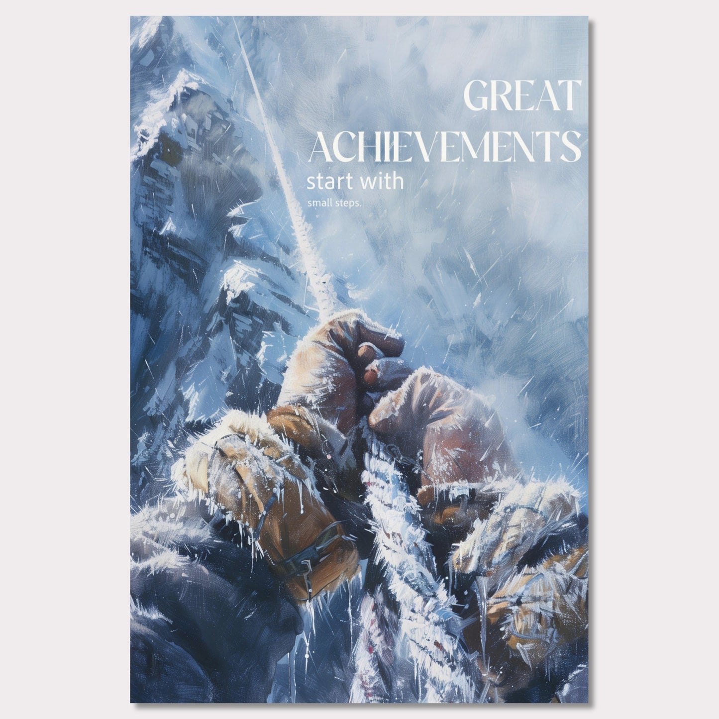 This motivational poster depicts a climber's hands gripping a rope, surrounded by a snowy and icy mountain landscape. The text on the poster reads: "GREAT ACHIEVEMENTS start with small steps."