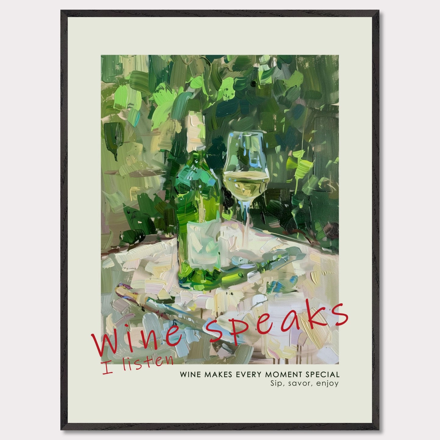 A vibrant painting captures a serene moment with a bottle of wine and a filled glass on a table, surrounded by lush greenery.