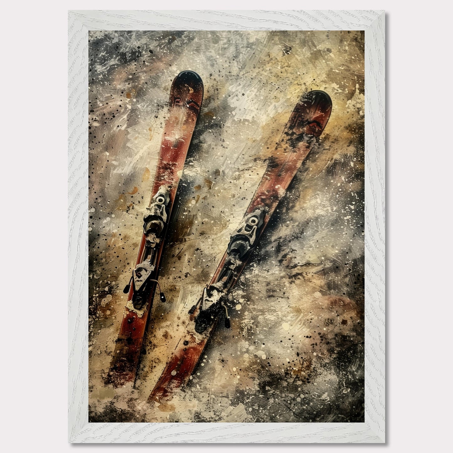 This image showcases a pair of vintage red skis with bindings, set against a textured, abstract background. The skis are positioned diagonally, creating a dynamic and energetic composition.