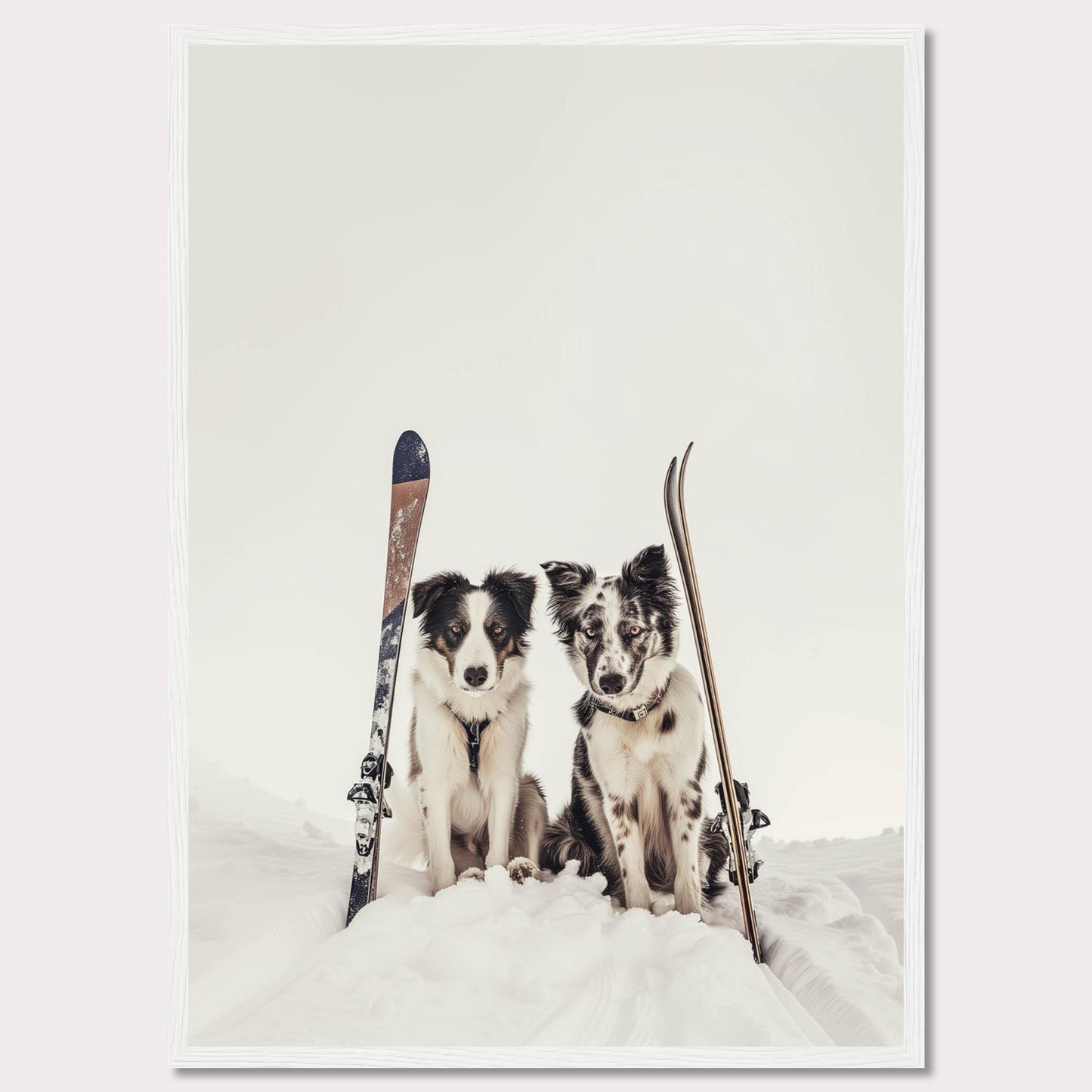 This charming photo captures two adorable dogs sitting in the snow with skis beside them, evoking a sense of adventure and playfulness. The scene is set against a serene snowy backdrop, highlighting the dogs and their playful expressions.