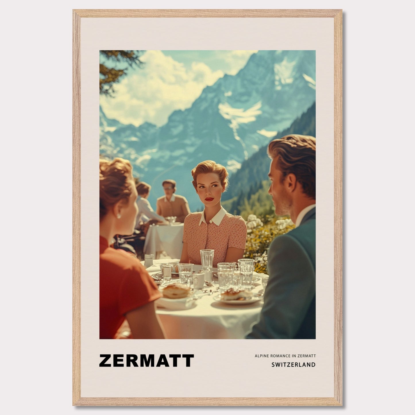 This poster transports us to a world of elegant romance amidst the mountainous landscapes of Zermatt, Switzerland. At the center of the scene is a refined woman with a romantic, enigmatic gaze directed at the man across the table on a café terrace, set against the majestic backdrop of the Alps. 