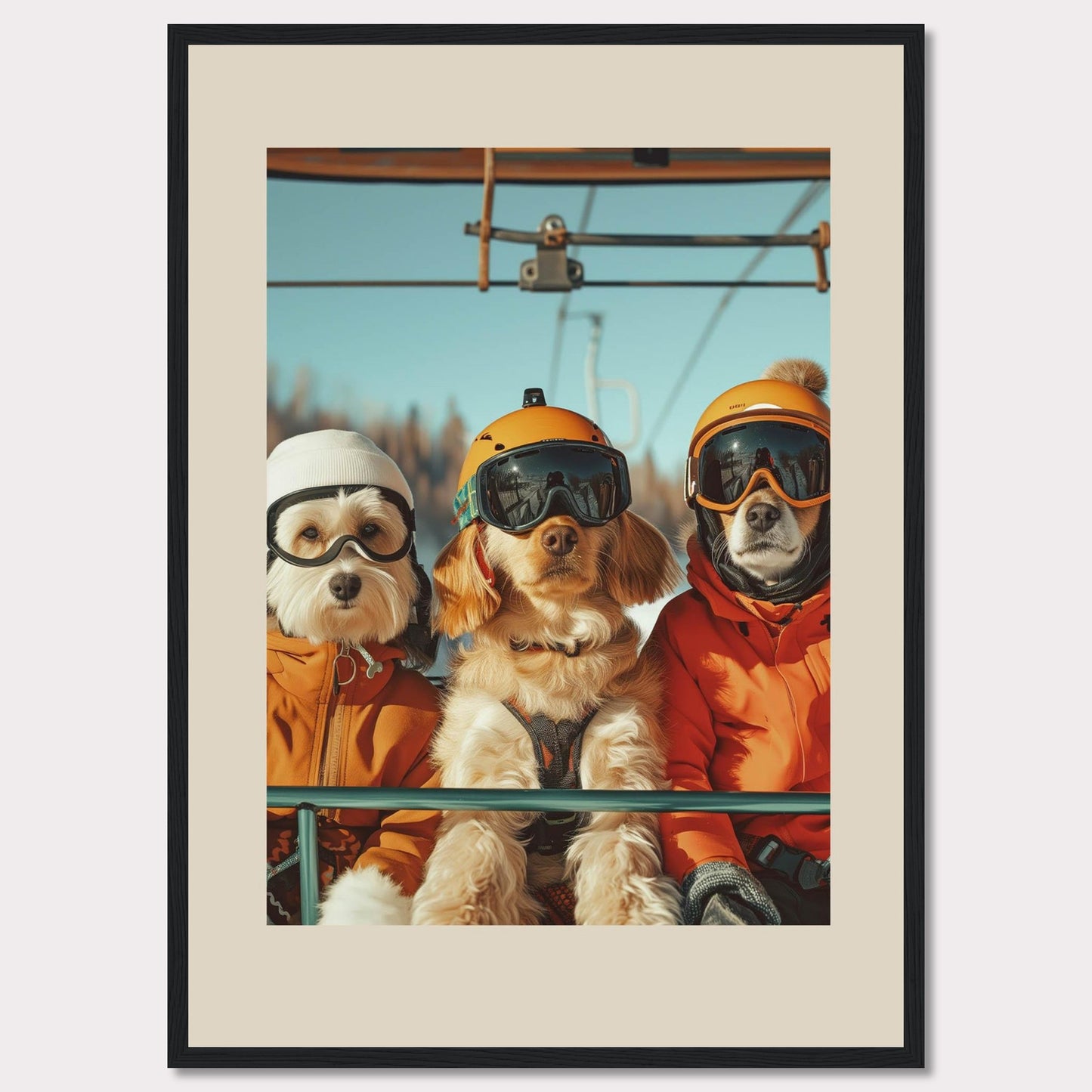 This charming photo features three adorable dogs dressed in winter gear, complete with helmets and goggles, enjoying a ride on a ski lift. The bright blue sky and snowy background add to the fun and adventurous atmosphere.