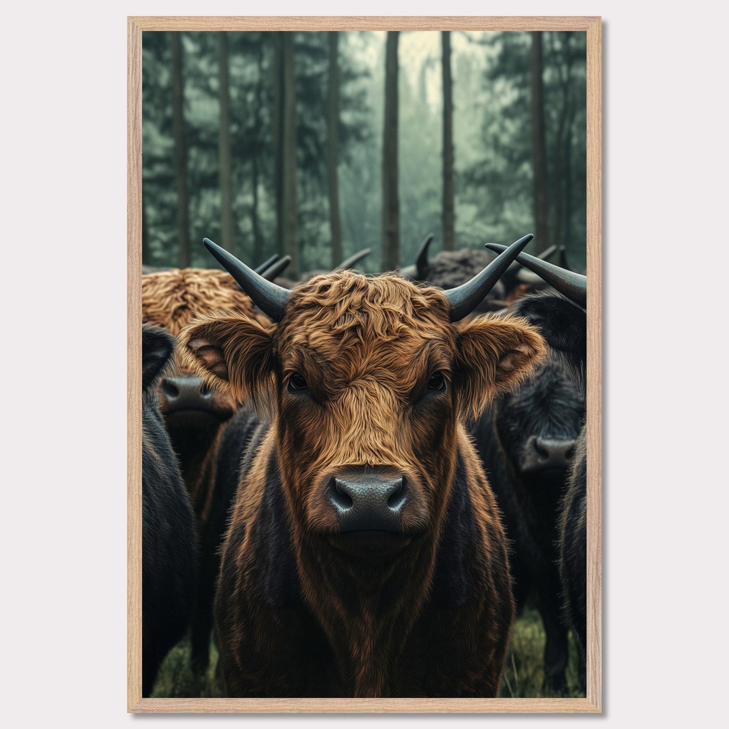 This captivating image features a herd of Highland cattle standing in a misty forest. The central focus is on a brown Highland cow, with its distinctive long horns and shaggy coat, staring directly at the viewer. The background showcases tall trees enveloped in fog, adding a mystical ambiance to the scene.