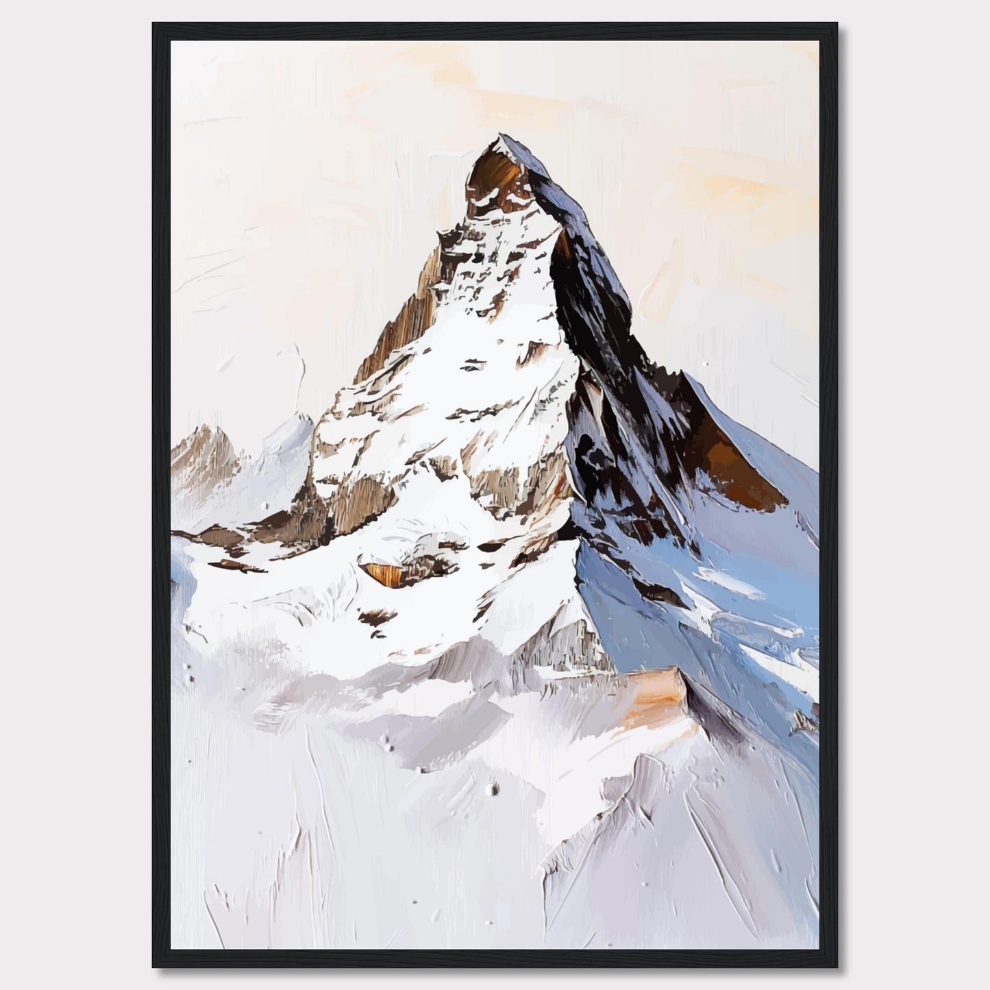 This image showcases a striking painting of a snow-covered mountain peak, likely inspired by the majestic Matterhorn. The artwork features bold brush strokes and a mix of white, brown, and blue hues, capturing the rugged beauty of the alpine landscape.