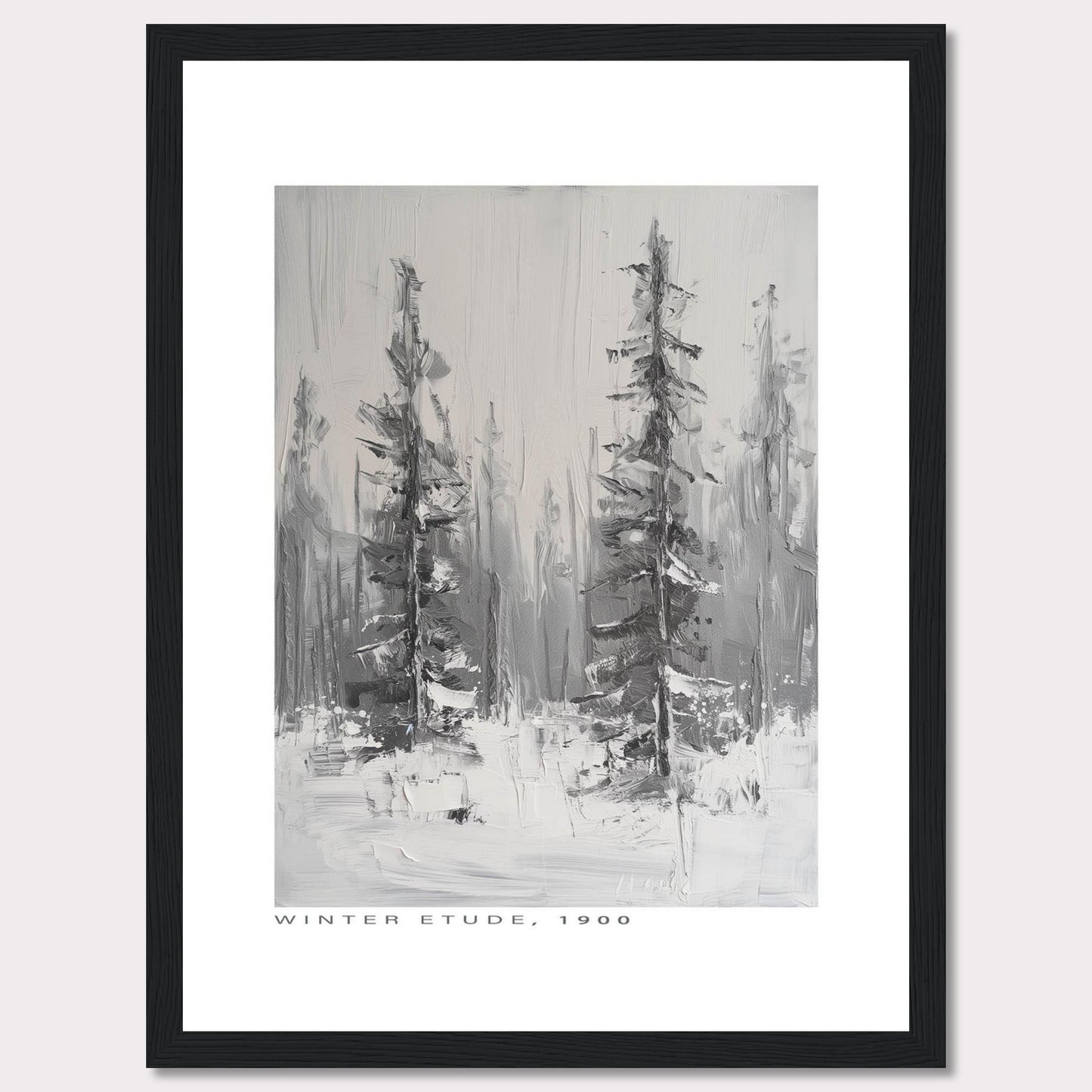 This image showcases a framed painting titled "Winter Etude, 1900". The artwork depicts a serene winter landscape with two prominent trees standing tall amidst a snowy backdrop. The painting is done in grayscale, emphasizing the cold and tranquil atmosphere of winter.