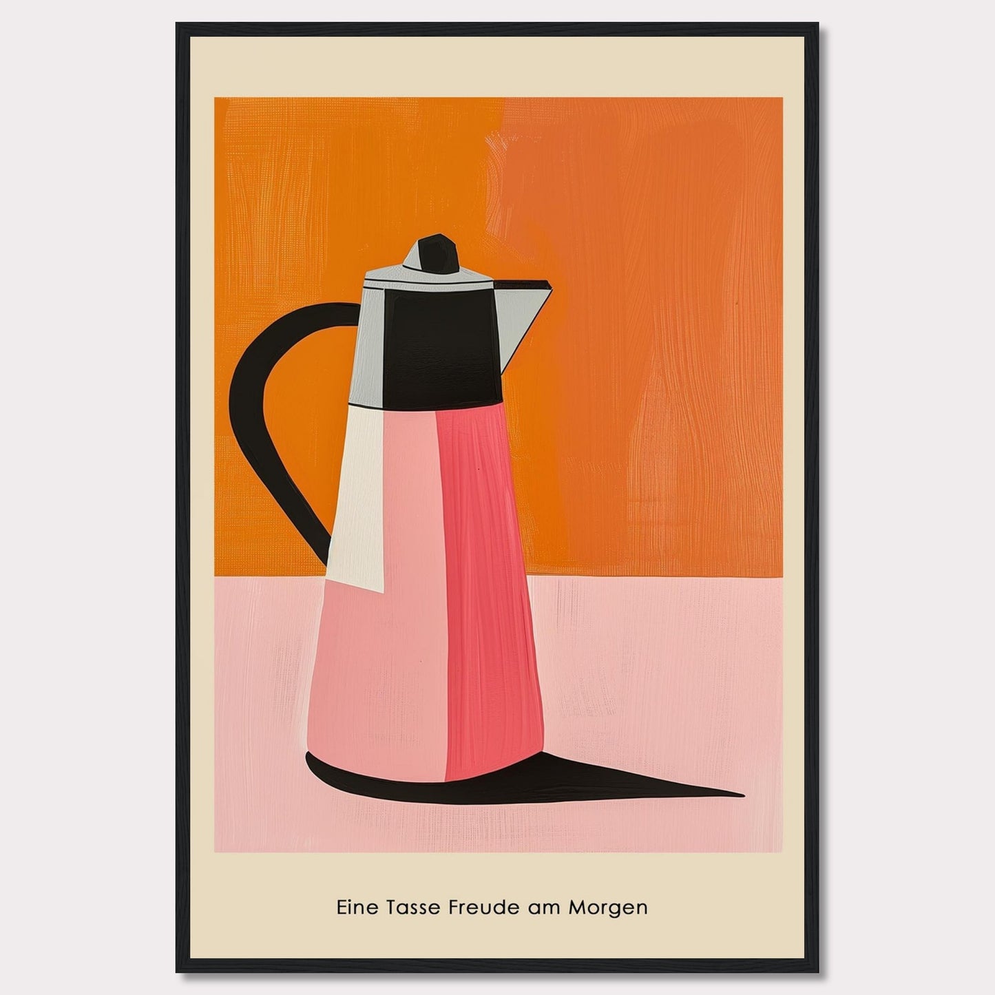 This image features a vibrant, modern art depiction of a coffee pot against a bold orange and pink background.