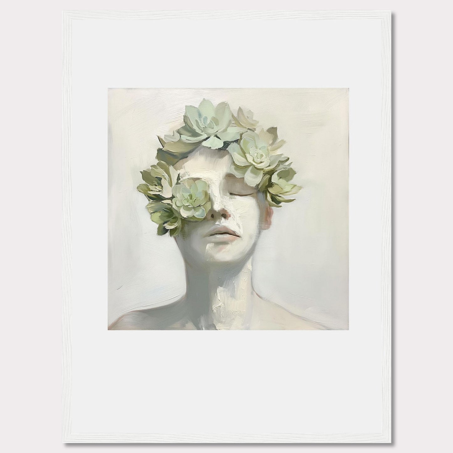 This captivating artwork features a serene face adorned with a crown of succulents, blending nature and human form in a harmonious expression.