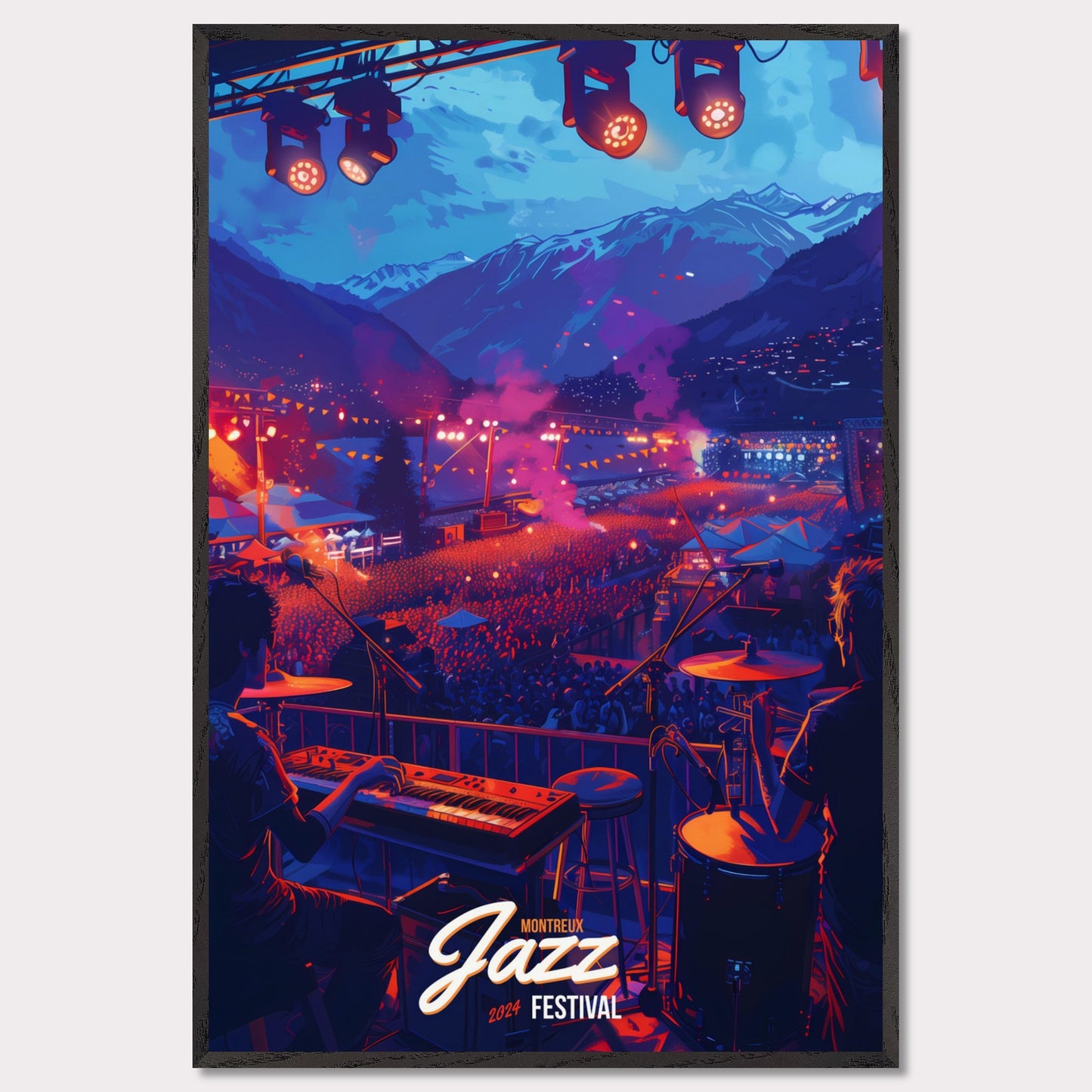 Experience the magic of the Montreux Jazz Festival 2024! This vibrant poster captures the essence of a live performance with a stunning mountain backdrop, colorful stage lights, and an enthusiastic crowd. Feel the rhythm, join the celebration, and be part of this unforgettable musical journey!