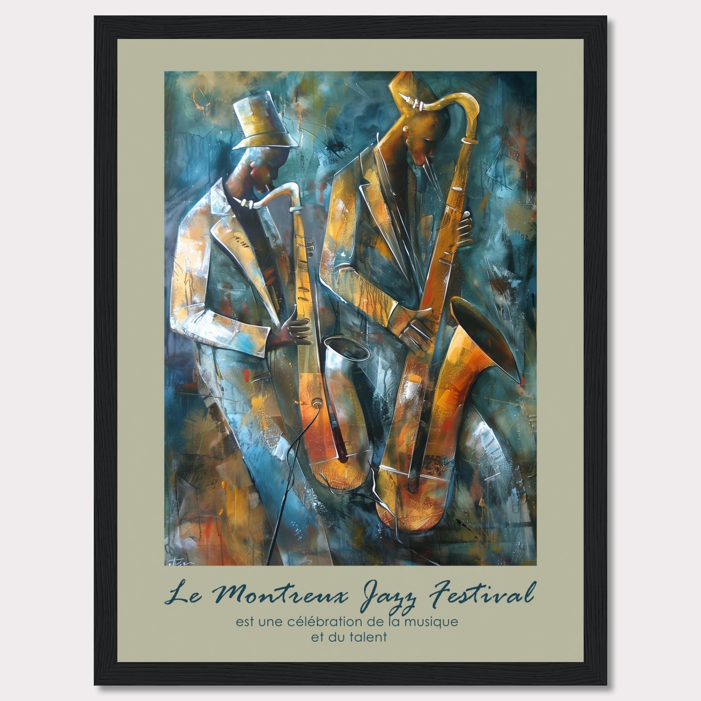 This vibrant artwork captures the essence of jazz with two musicians passionately playing their saxophones. The rich, abstract background adds depth and movement to the scene, emphasizing the dynamic nature of the music. The text at the bottom reads, "Le Montreux Jazz Festival est une célébration de la musique et du talent," highlighting the festival's celebration of music and talent.