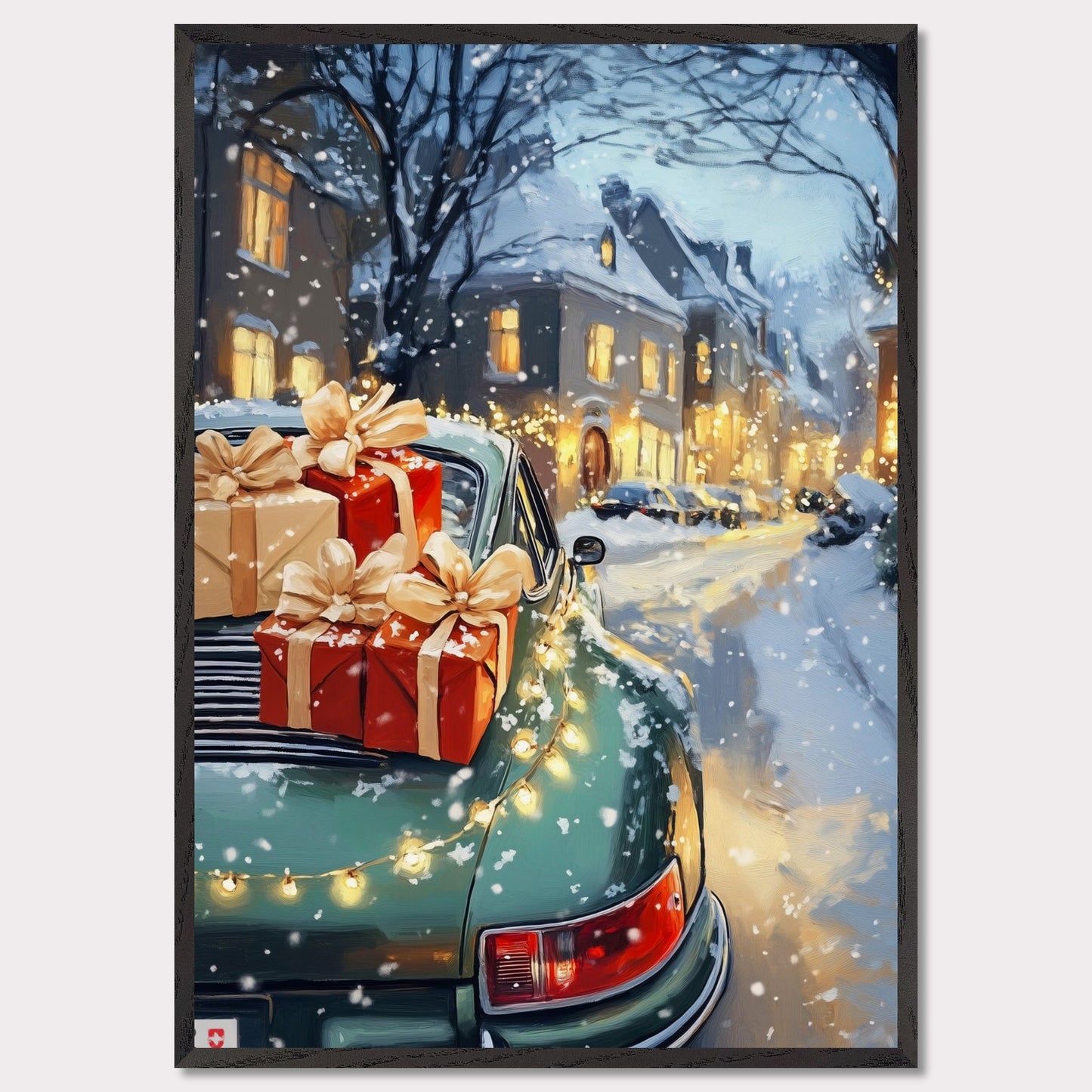 A cozy Christmas scene in Switzerland is captured in this enchanting poster. The focus is a beautiful Christmas tree adorned with lights, set in the heart of a charming town covered in snow. A Porsche, with festive gifts on the roof, adds a touch of luxury to this idyllic winter setting. The vintage typography "Christmas in Switzerland" evokes a sense of nostalgia and warmth, making it the perfect holiday decoration.