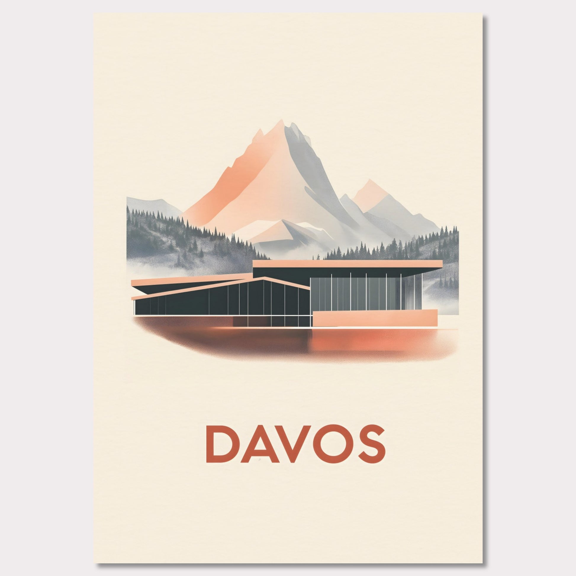 A refined travel poster showcasing Davos' modern architecture against breathtaking alpine peaks. The sleek lines of the building contrast harmoniously with the rugged mountains, embodying the balance between innovation and nature.