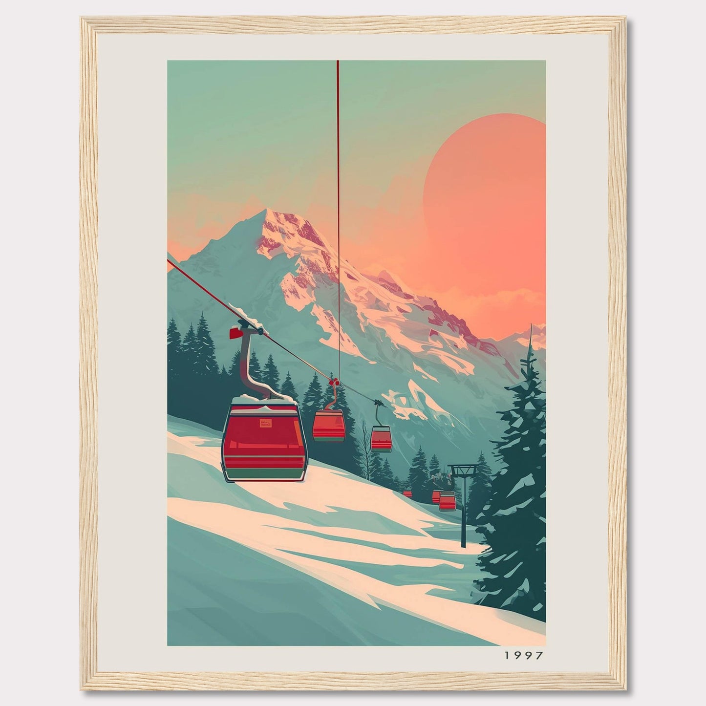 This captivating artwork depicts a serene mountain landscape with ski lifts ascending towards a majestic snow-capped peak under a warm, pastel-colored sky. The scene is framed by evergreen trees, creating a tranquil and inviting atmosphere.