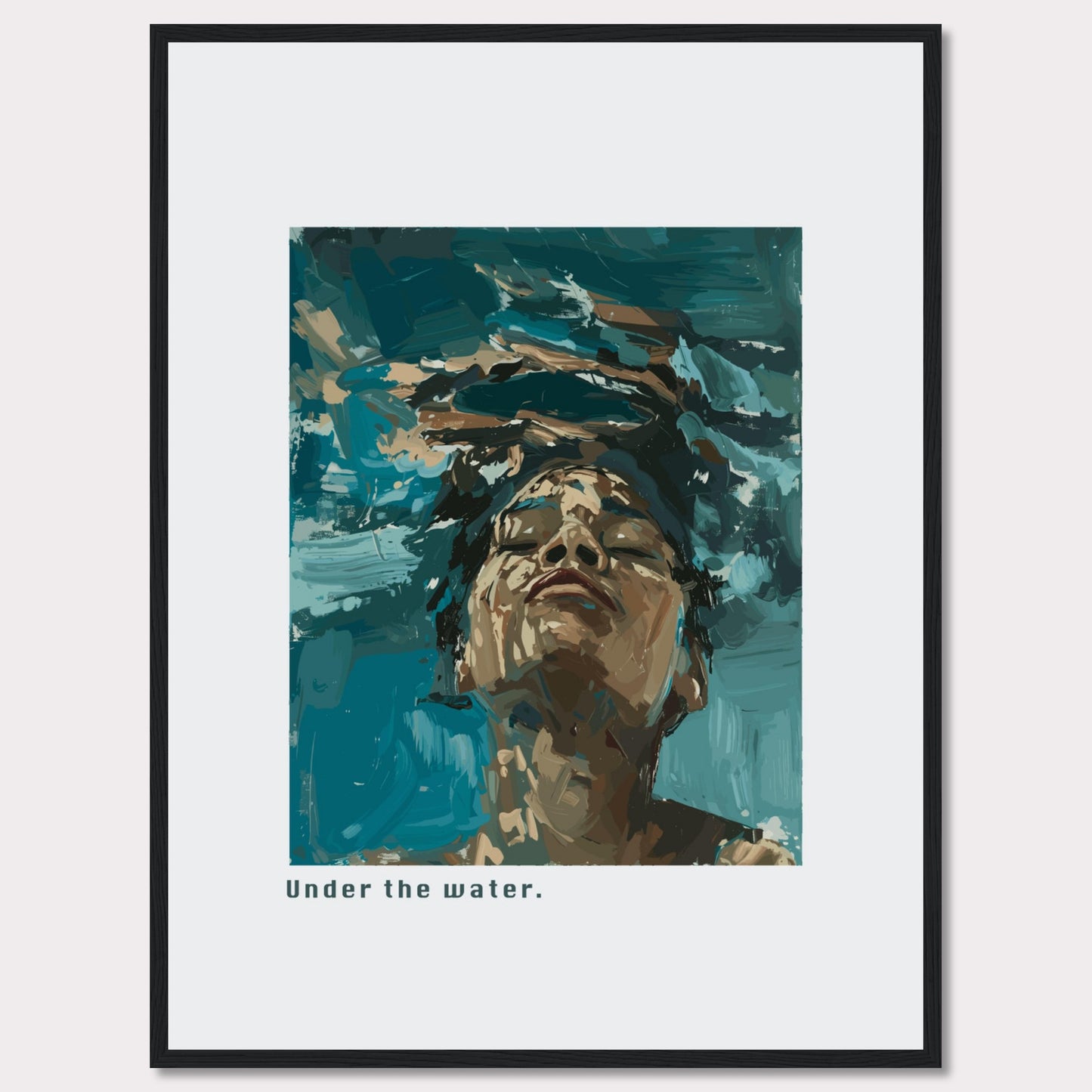 This captivating artwork depicts a serene moment of tranquility and introspection. The image shows a person submerged in water, their face emerging towards the surface, eyes closed in a peaceful expression.