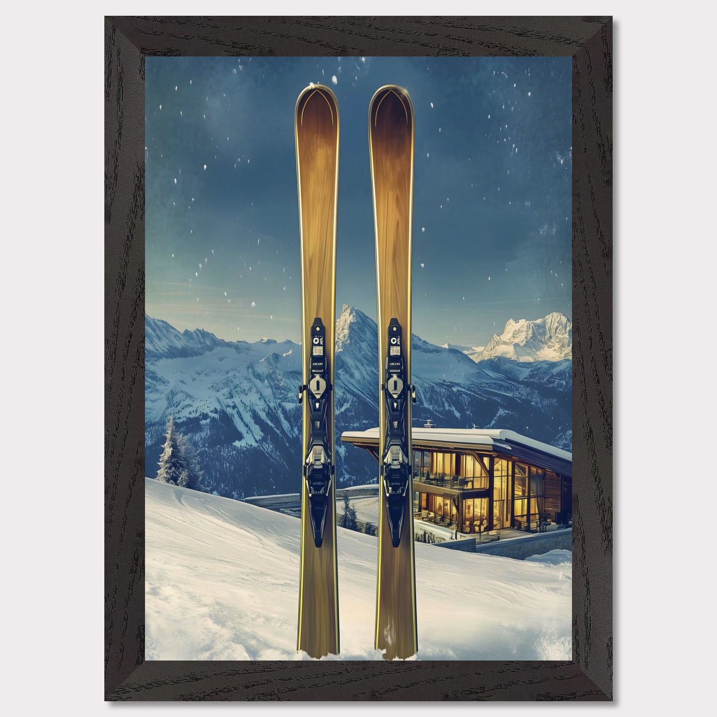 This elegant poster showcases the perfect blend of tradition and modernity in a snowy alpine escape. Two sleek skis stand proudly in the foreground, while a contemporary, glowing chalet nestled in the mountains provides a warm contrast to the frosty winter scene.