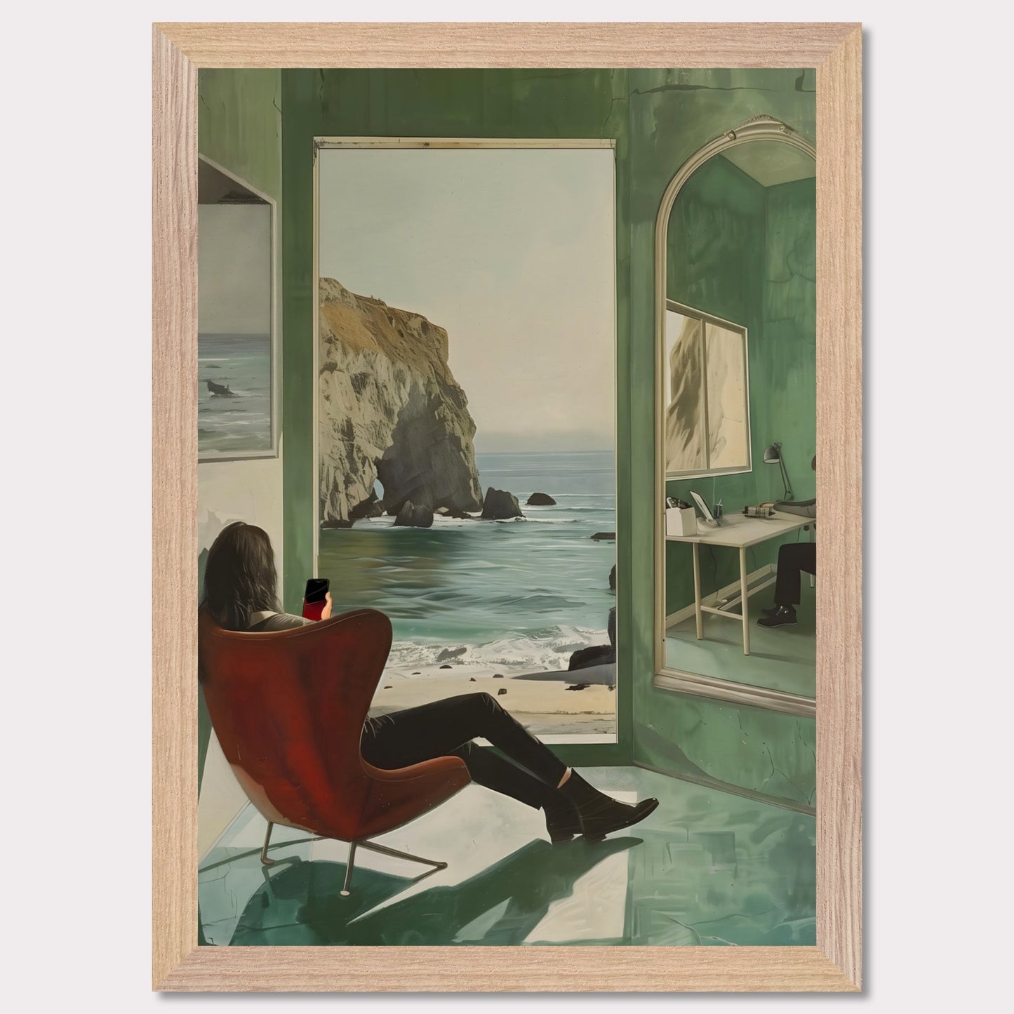 This captivating artwork depicts a serene coastal scene viewed from inside a room. A person is seated in a red chair, gazing out at the ocean through an open window. The reflection of another person working at a desk is visible in a large mirror on the right side. The room's green walls and floor create a calming ambiance, enhancing the peacefulness of the ocean view.