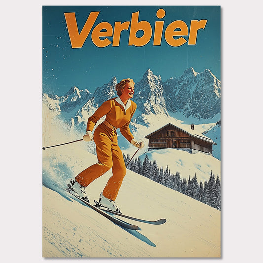 This vibrant retro poster features a cheerful skier dressed in a classic orange ski outfit, gliding down the pristine slopes of Verbier. Behind her, a picturesque alpine chalet sits amidst snow-covered peaks, with a bright blue sky completing the idyllic scene. The bold typography and clean lines enhance the nostalgic charm, inviting viewers to experience the joys of skiing in Verbier.