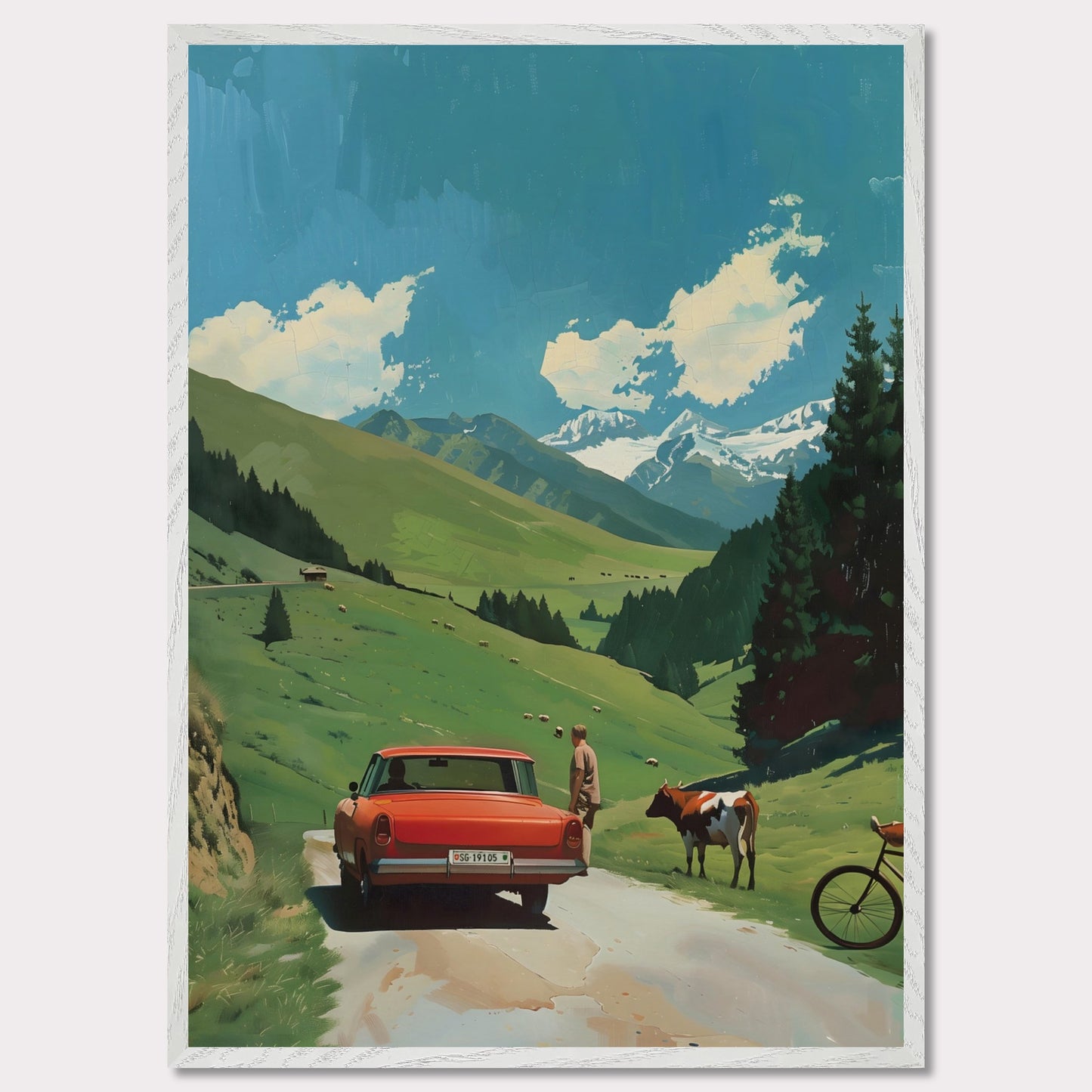 This picture depicts a serene countryside scene with a vibrant red car parked on a narrow road. A person stands beside the car, gazing at a cow that is standing nearby. The lush green hills stretch towards majestic snow-capped mountains under a bright blue sky dotted with fluffy white clouds. A bicycle rests against the tall pine trees, adding to the tranquil rural atmosphere.