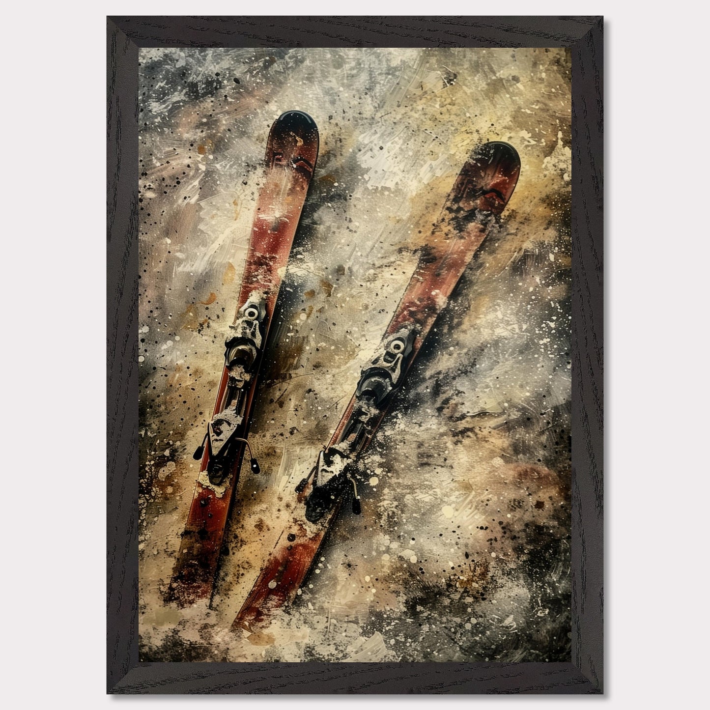 This image showcases a pair of vintage red skis with bindings, set against a textured, abstract background. The skis are positioned diagonally, creating a dynamic and energetic composition.