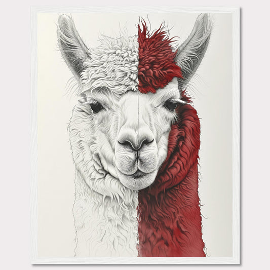 This striking artwork features a detailed illustration of an alpaca with a unique half-white, half-red fur pattern. The intricate lines and textures bring the alpaca's gentle expression to life, making it a captivating piece for any space.