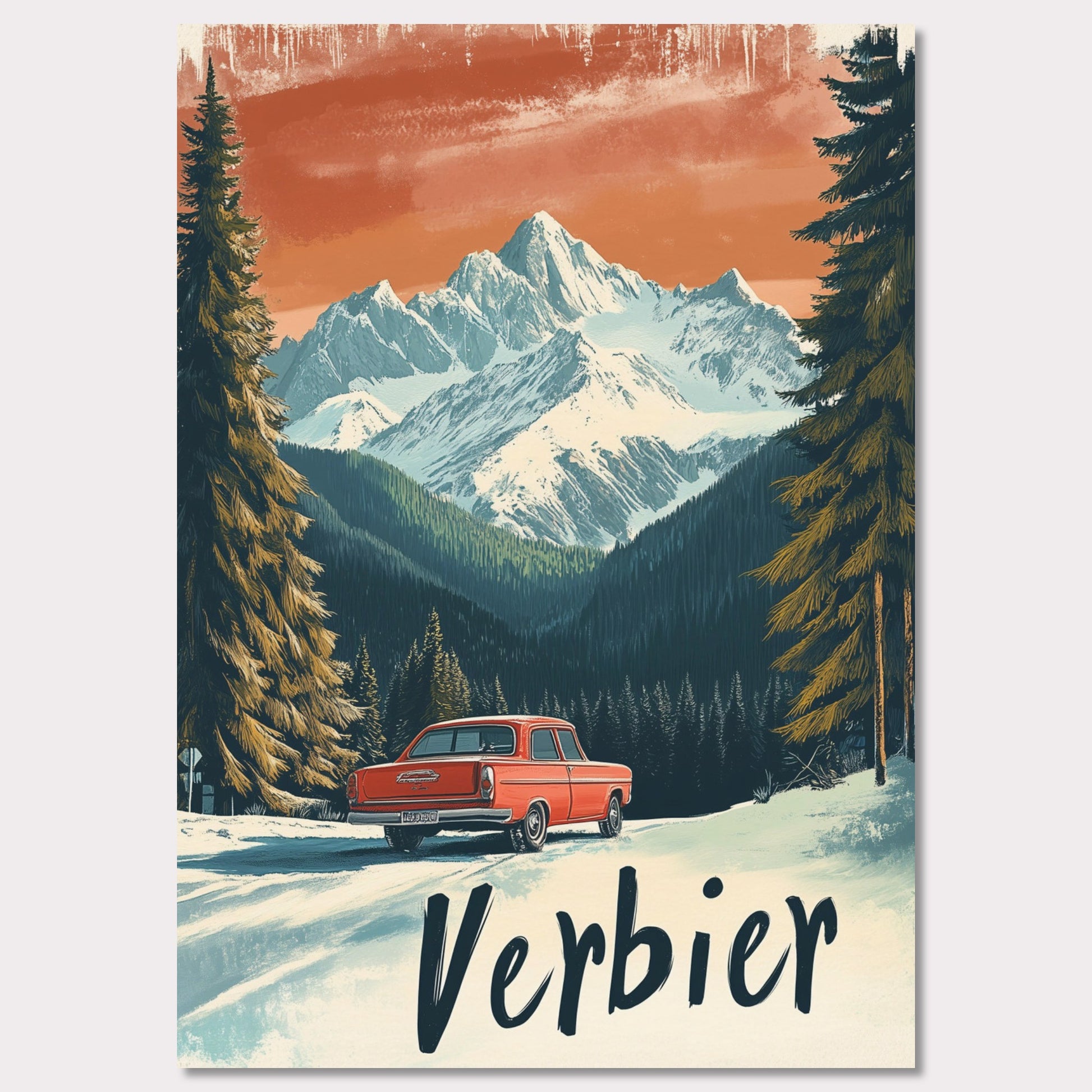 This striking retro-style poster depicts a vintage car driving through a snowy mountain landscape in Verbier. The red car stands out against the backdrop of majestic, snow-covered peaks and towering trees, with the warm orange hues of the sky adding to the nostalgic vibe. The vintage typography and artistic style evoke the allure of road trips through the Swiss Alps, offering a sense of freedom and adventure in a winter wonderland.