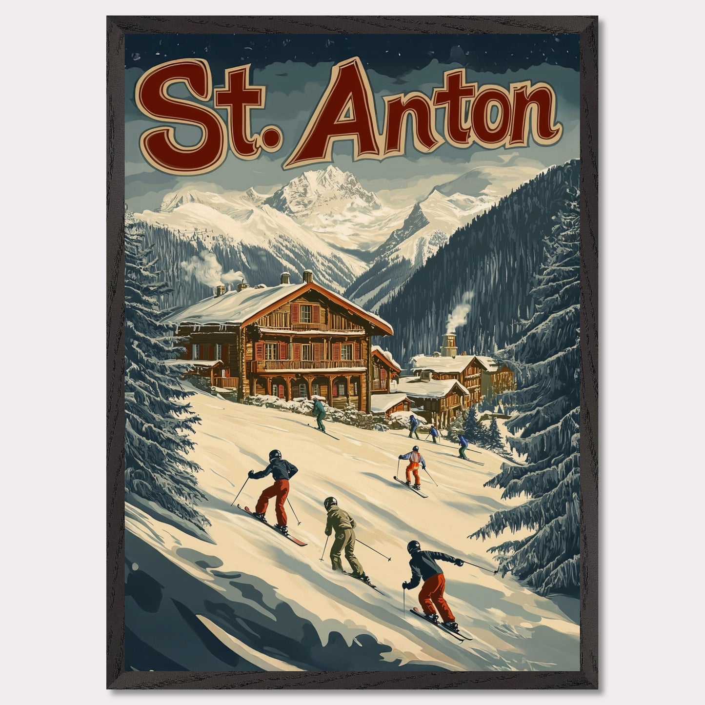 This minimalist yet striking poster captures the essence of St. Anton's alpine charm through its dynamic composition and vintage-inspired design. At the heart of the image is a group of skiers gracefully descending the snowy slopes, framed by towering evergreens and a cozy wooden chalet. The vibrant yet balanced color palette enhances the lively appeal, blending a sense of adventure and winter serenity.