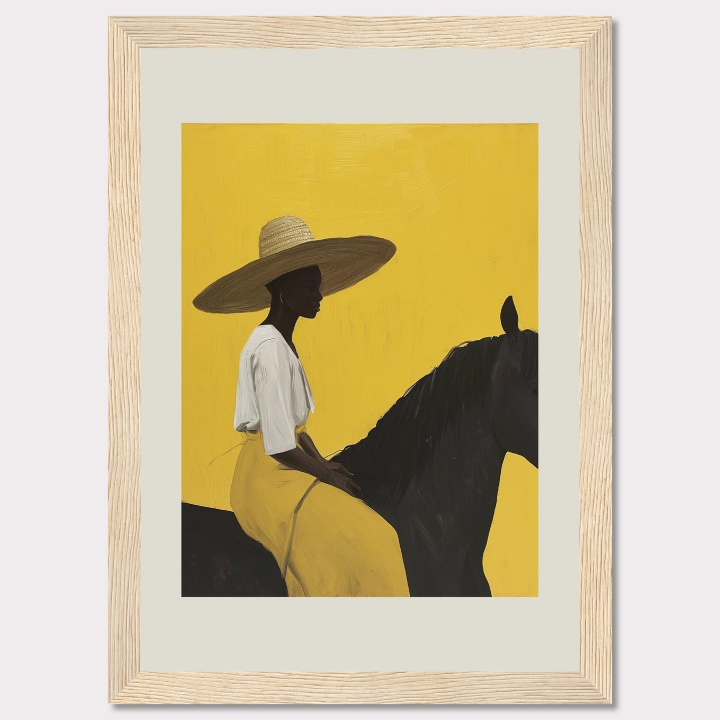 This striking artwork features a silhouette of a person wearing a wide-brimmed hat, seated on a dark horse against a vibrant yellow background. The figure is adorned in a white top and yellow skirt, exuding elegance and tranquility.