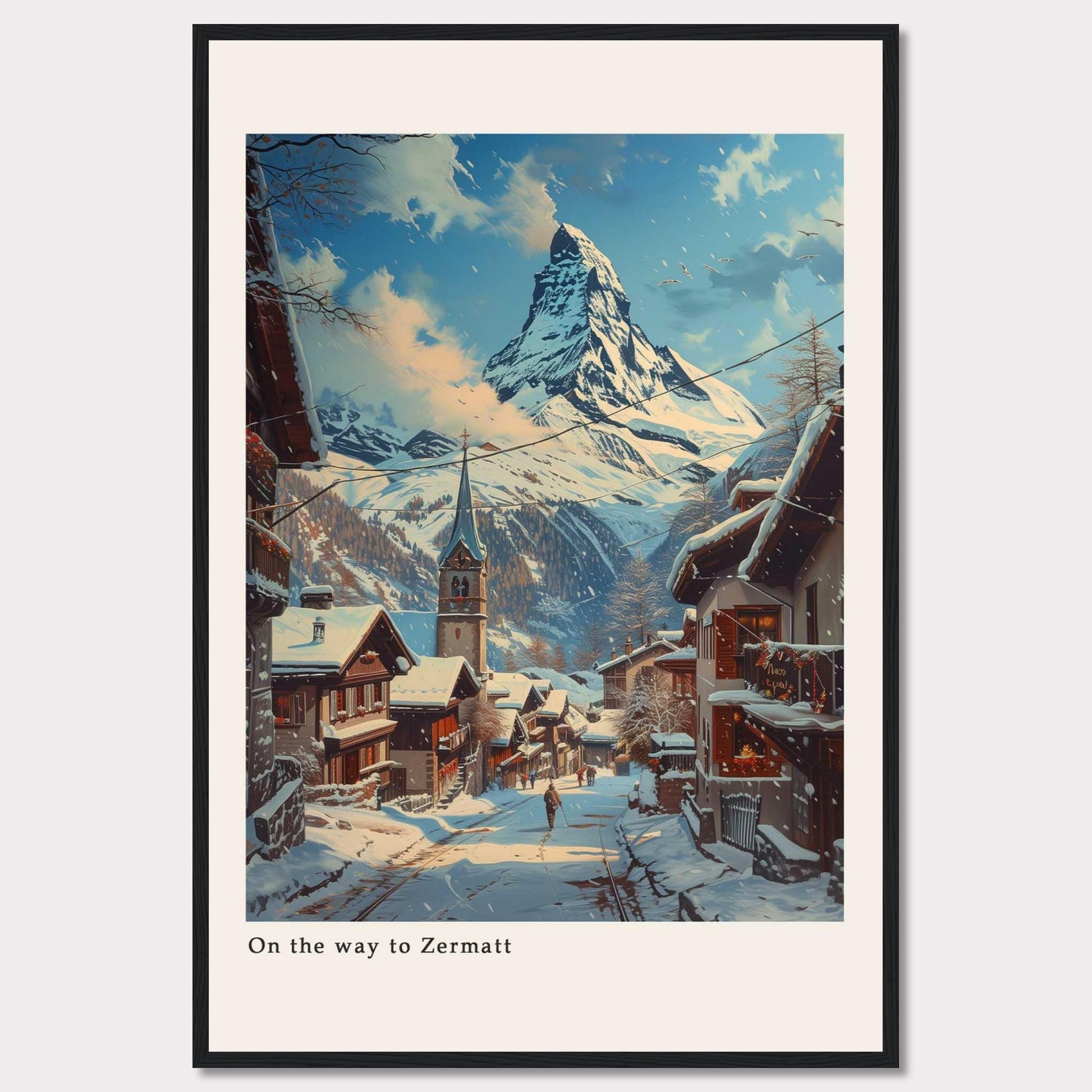 This beautiful artwork captures a serene winter scene on the way to Zermatt, featuring snow-covered rooftops and a majestic mountain in the background.