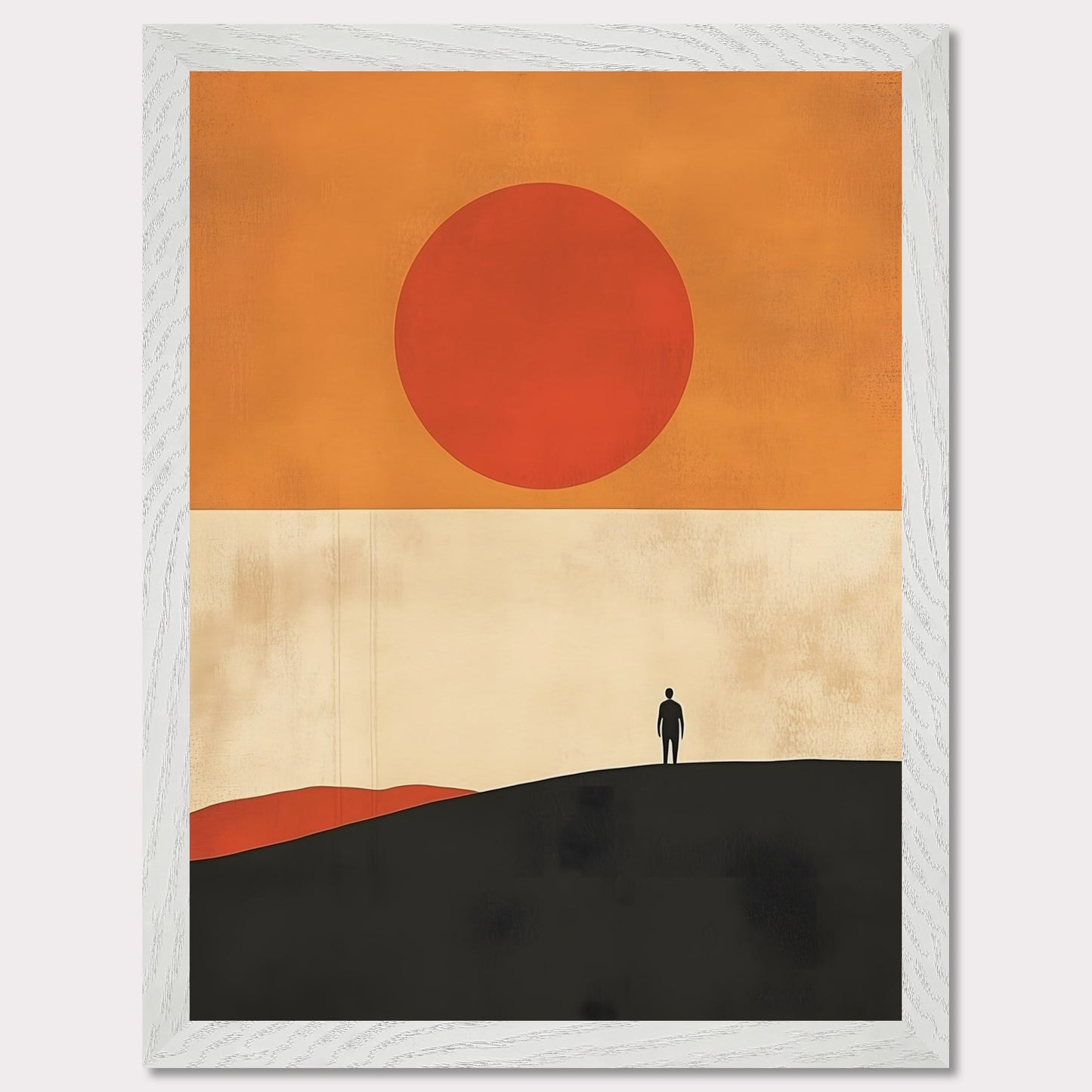 A striking minimalist artwork that conveys a sense of isolation and reflection. A lone figure stands on a hill under an oversized sun, evoking themes of wanderlust, contemplation, and the vastness of the world. The warm tones and simple composition give it a timeless, meditative feel.