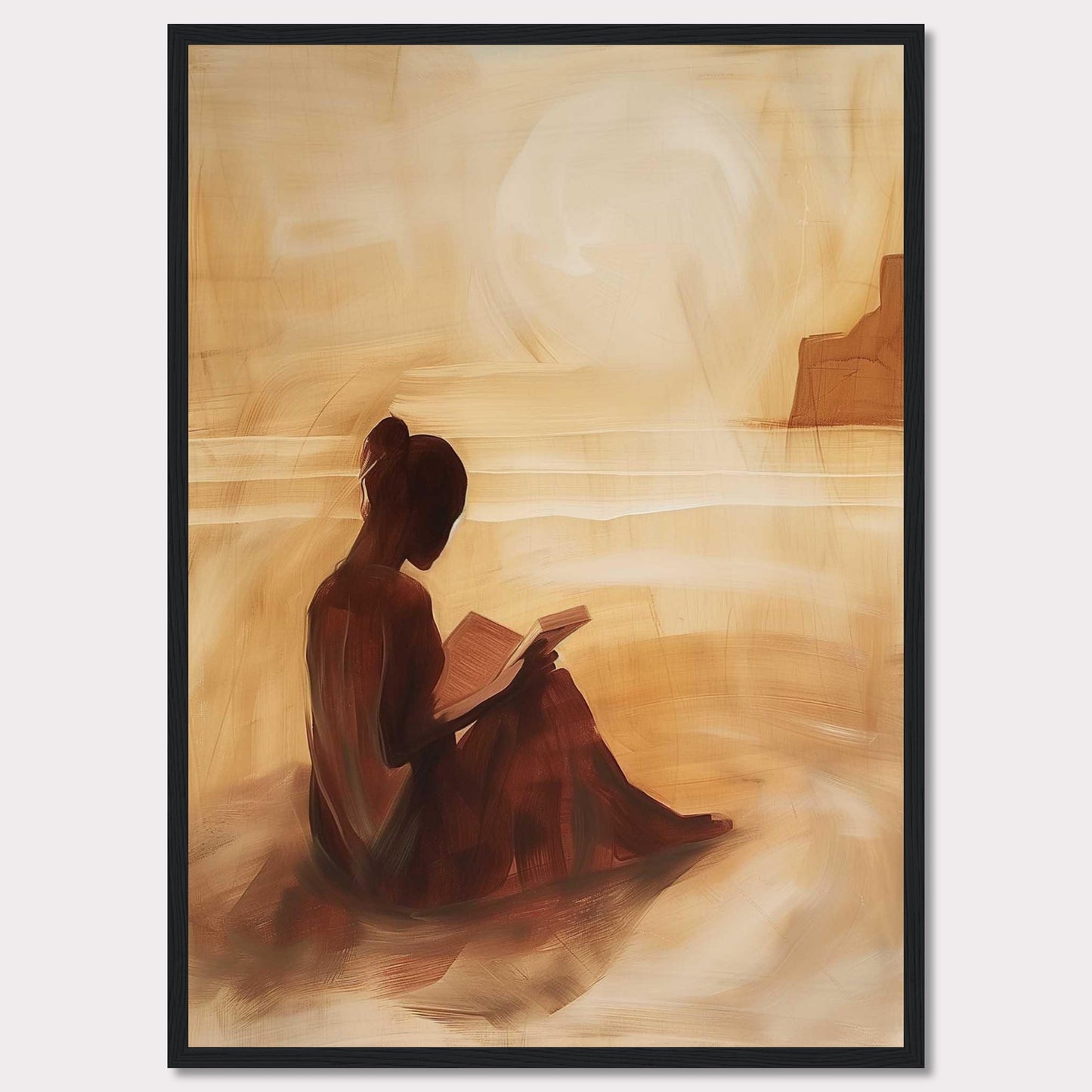 This serene painting captures a solitary figure engrossed in a book, seated on a tranquil beach with the sun setting in the background.