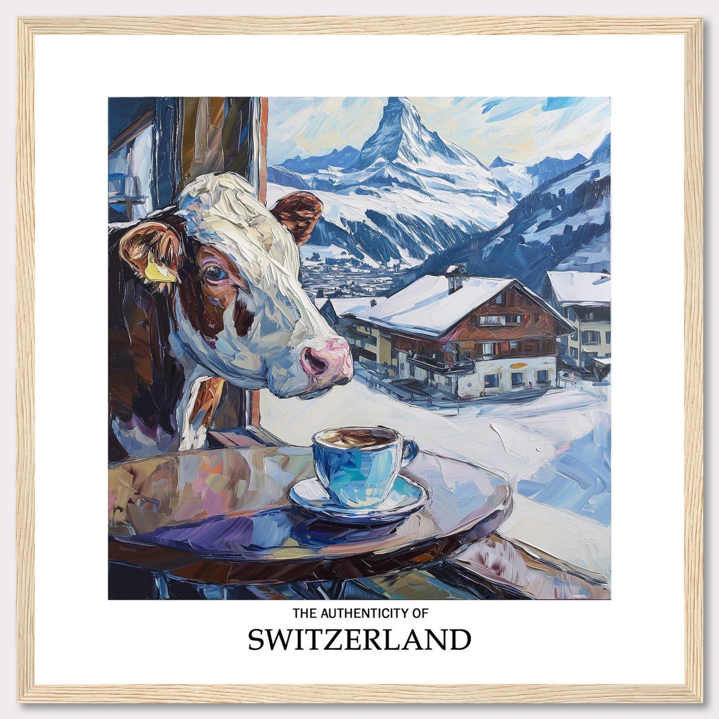 A charming painting captures the essence of Switzerland, featuring a curious cow peeking out of a window, a steaming cup of coffee, and a picturesque snowy village with the majestic Swiss Alps in the background.